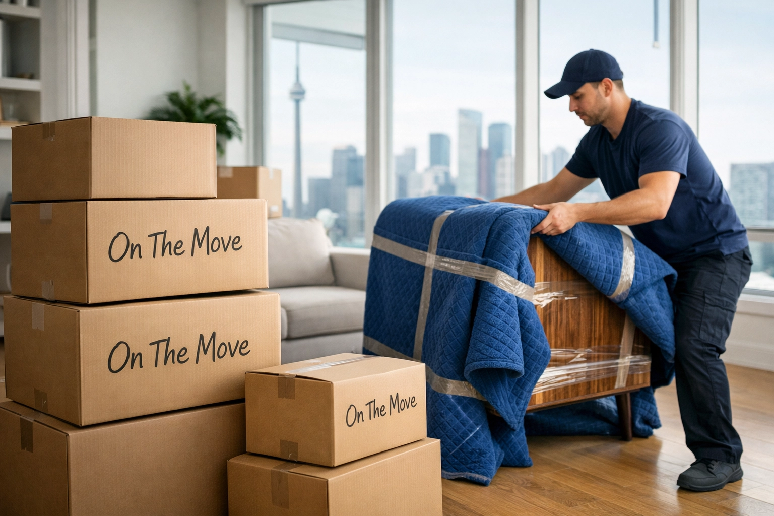 Expert mover wrapping furniture carefully in a clean, organized Toronto condo during a move.
