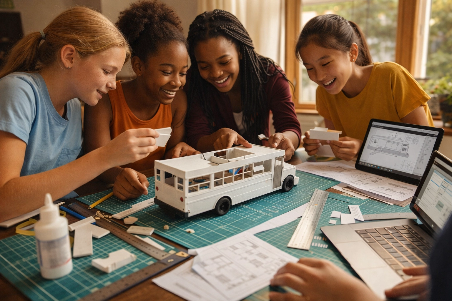 Diverse girls aged 10-17 designing and building a model of a school bus converted into a mobile STEM classroom