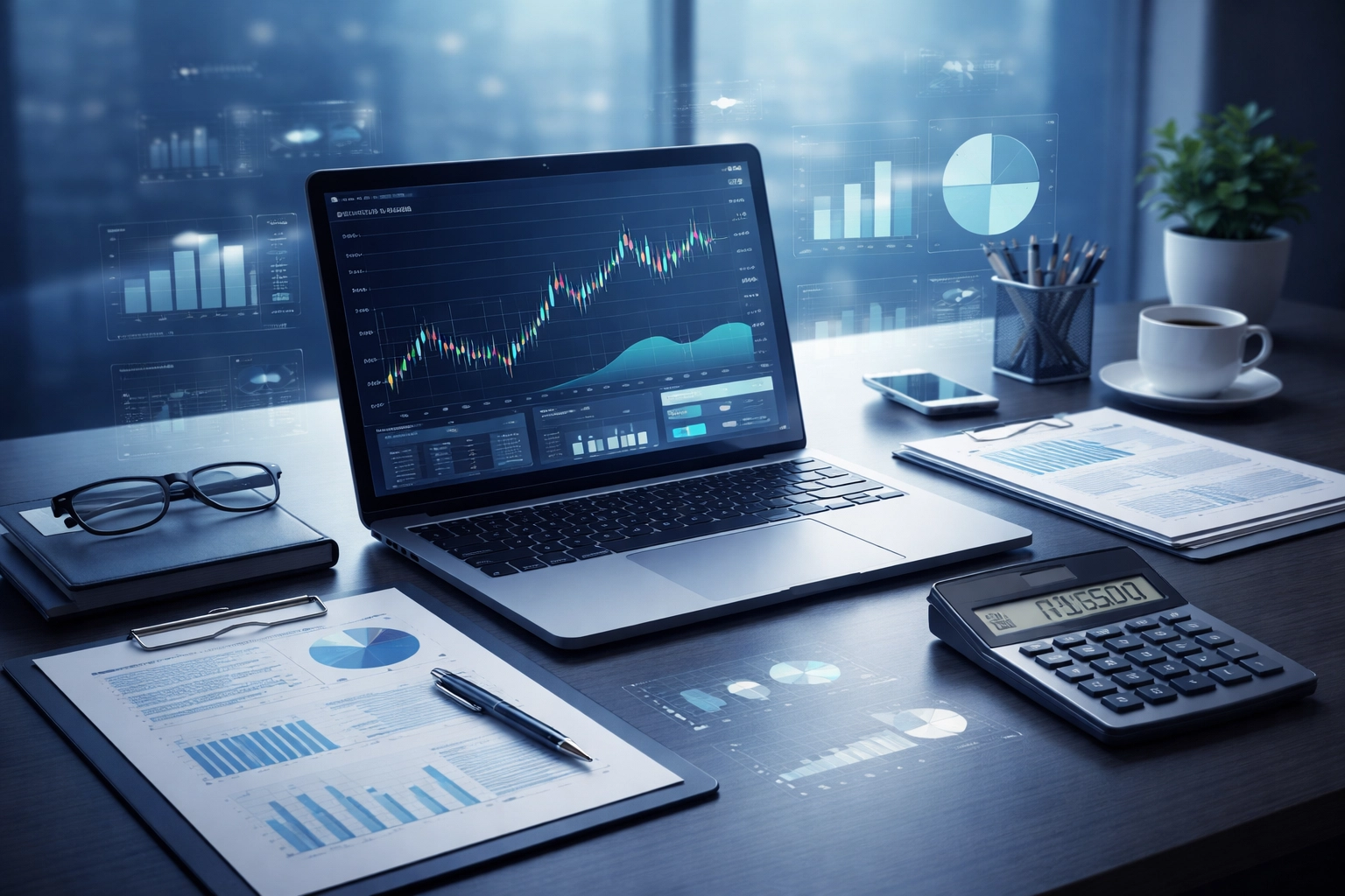 Office desk with financial charts and documents, illustrating budget analysis for Queens property management