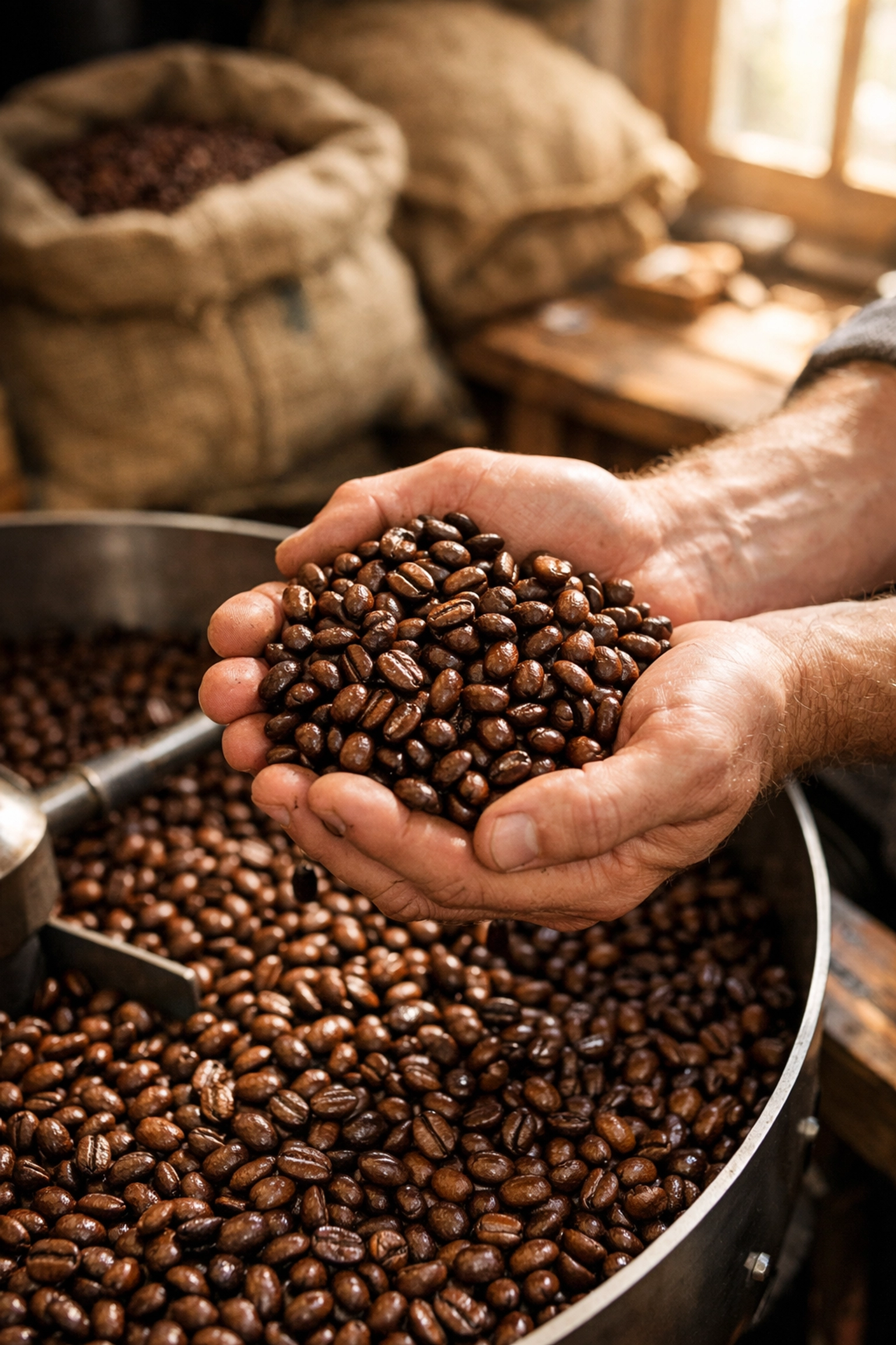 Freshly roasted speciality coffee beans held by an artisan roaster in a sunlit workshop.
