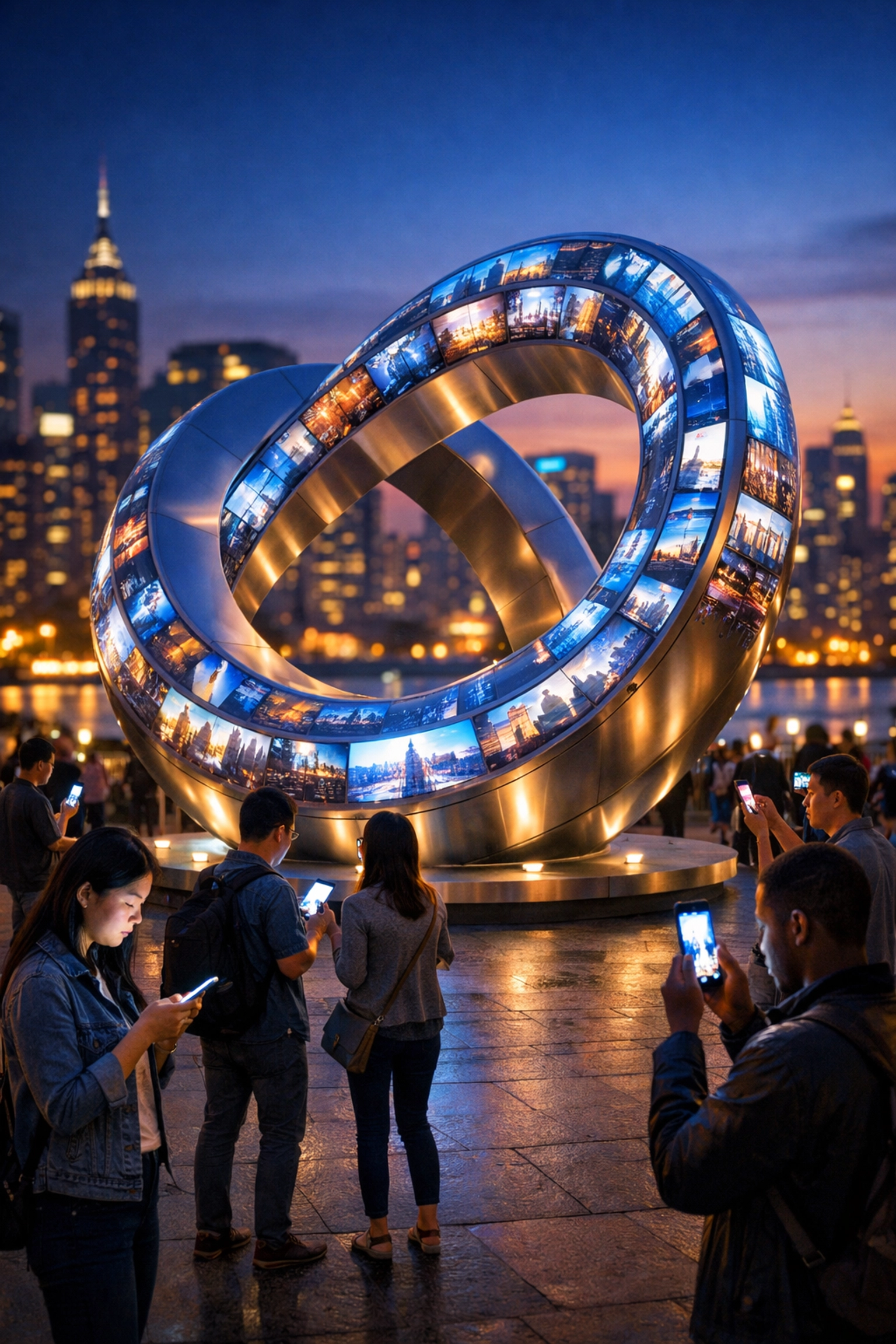 A crowd in an urban plaza interacting with a large public sculpture through augmented reality technology.