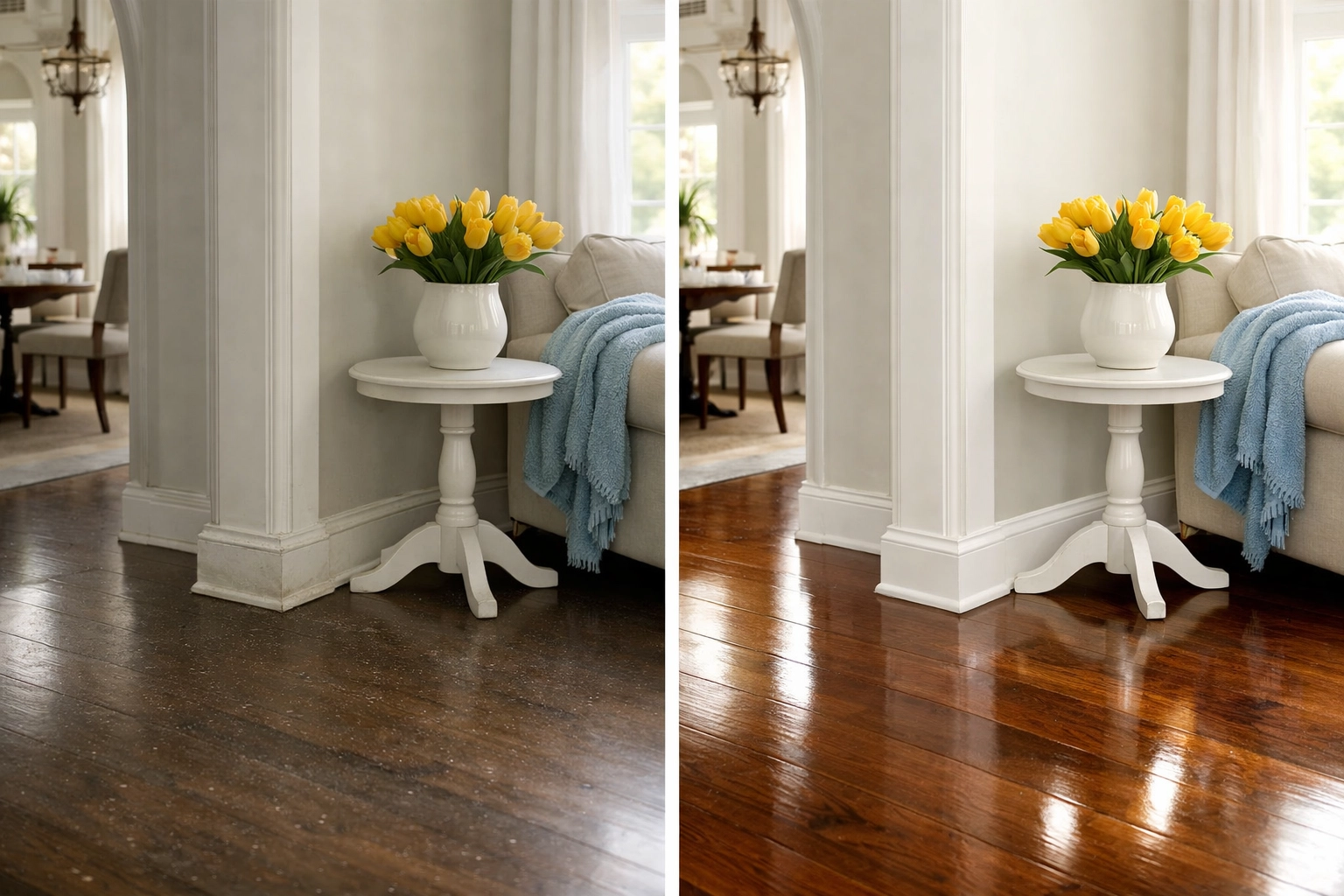 Side-by-side comparison showing the impact of professional deep cleaning MA on residential floors.