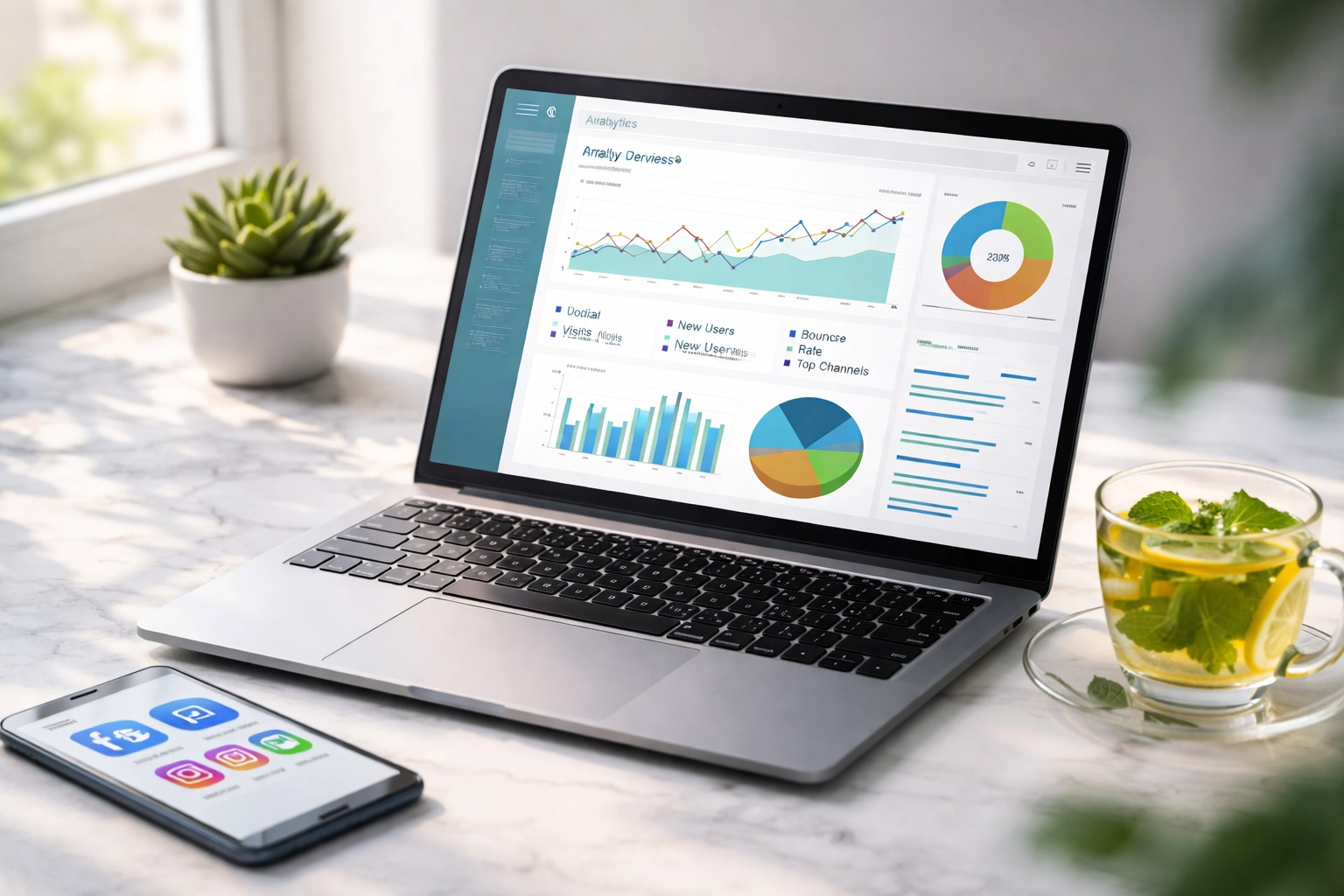 Table de travail avec ordinateur affichant des tableaux d’analyse du trafic e-commerce et icônes réseaux sociaux, illustrant l’acquisition de visiteurs en Tunisie