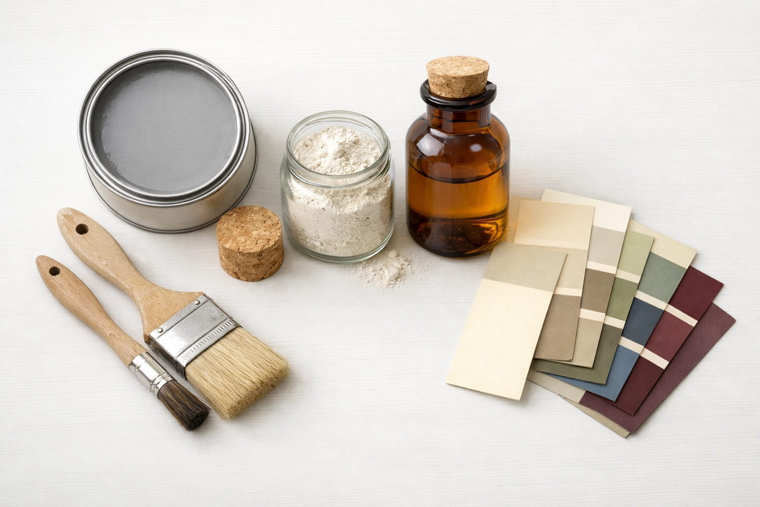 Traditional period property painting materials including limewash, mineral paint and linseed oil