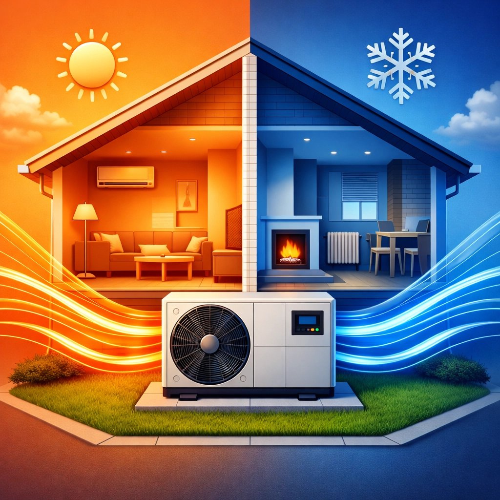 Sustainable heat pump installation in Farnham showing year-round heating and summer cooling functions.