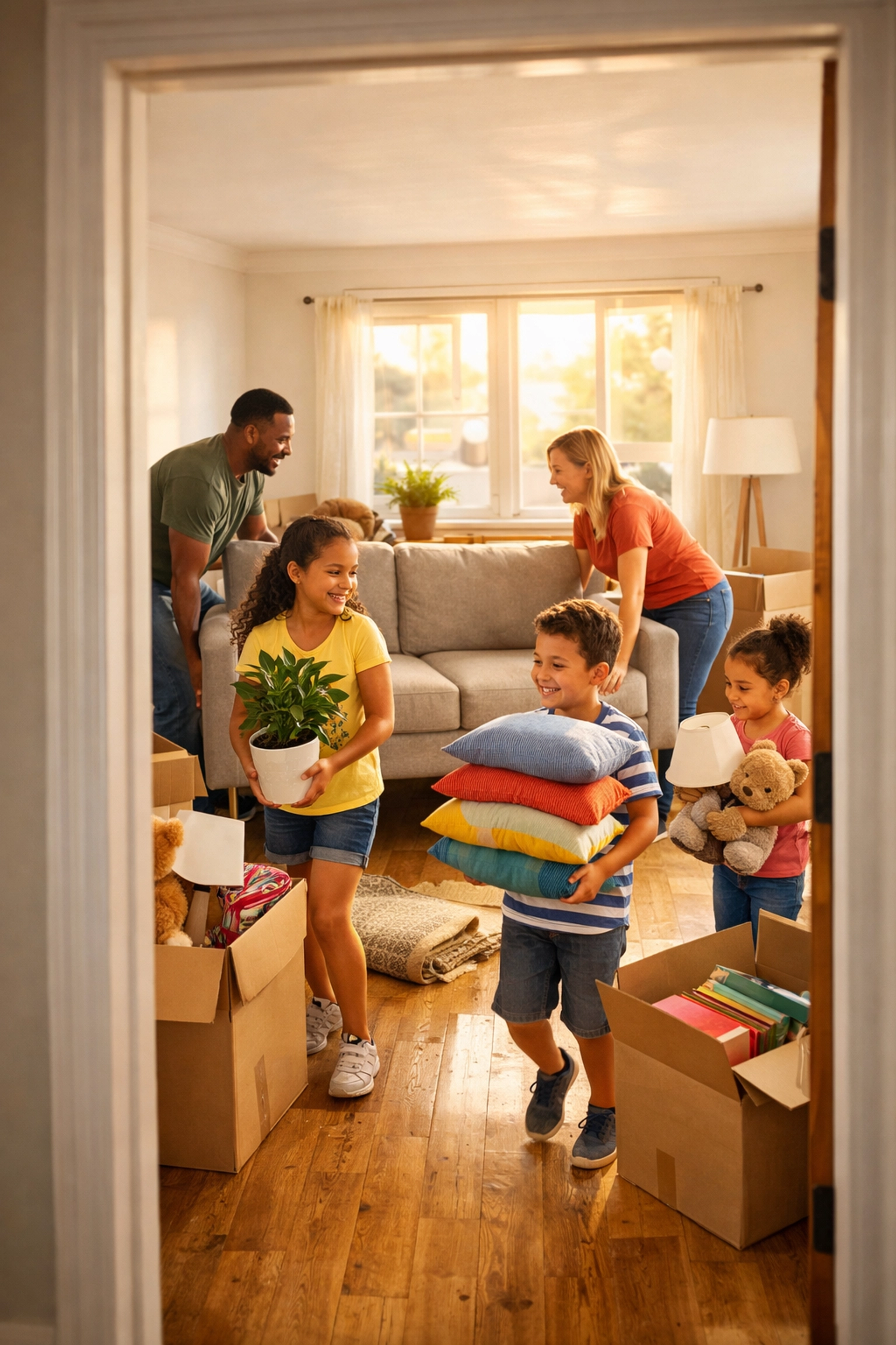 Black family unpacking boxes and setting up furniture in a new home in New Jersey after receiving housing assistance and stabilization support