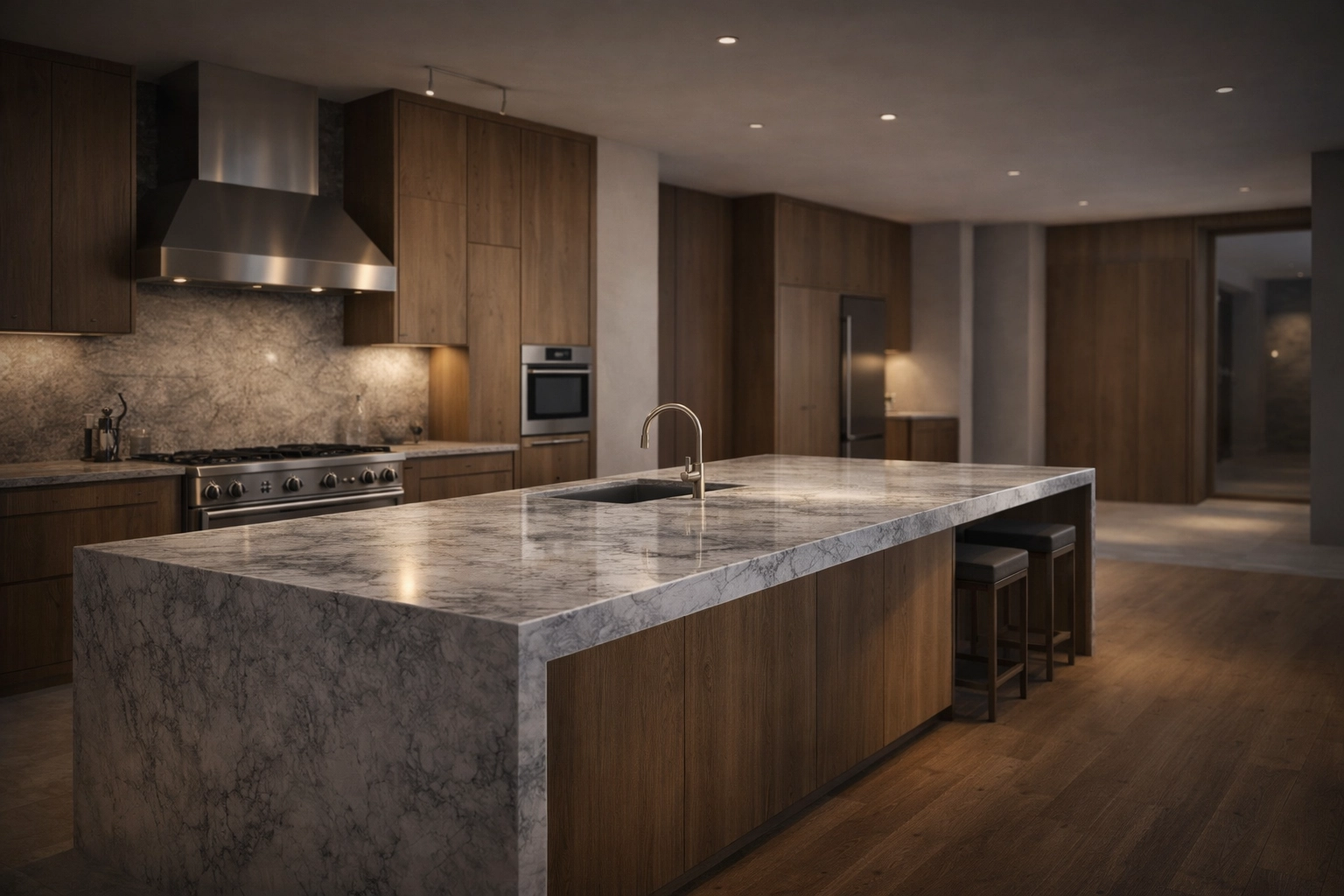 High-end photorealistic 8K kitchen render: premium contemporary cabinetry, quartz waterfall island, oak veneer details, brushed metal fixtures, cinematic global illumination, ultra-sharp textures, no people, no text, no logos.