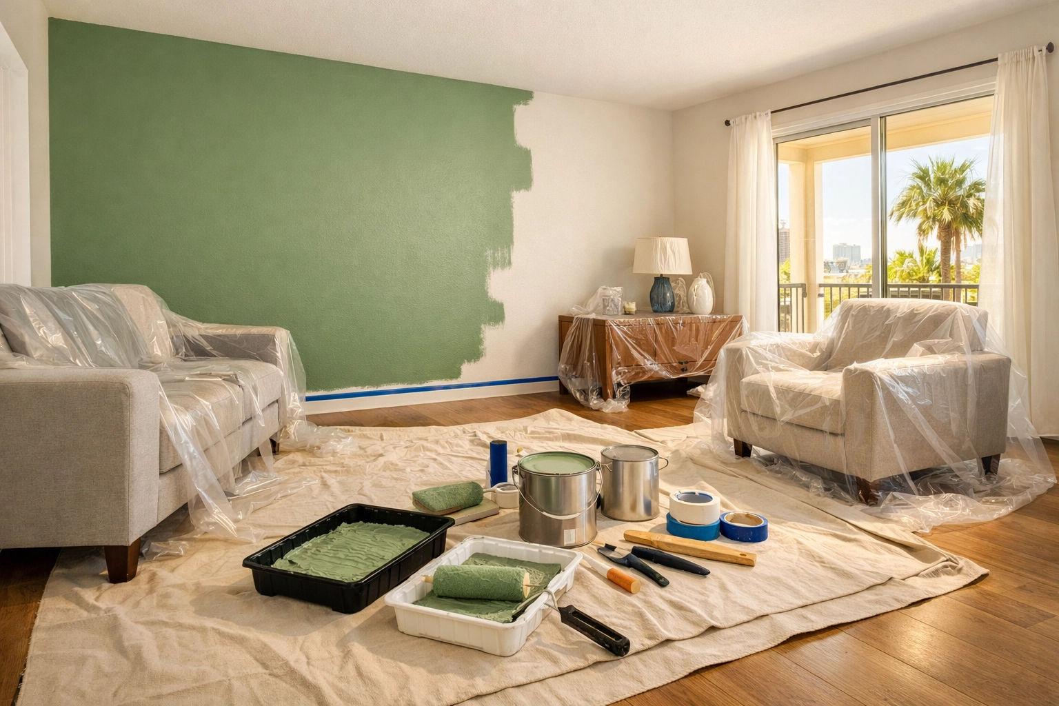Interior painting Orlando - modern living room with sage green accent wall transformation
