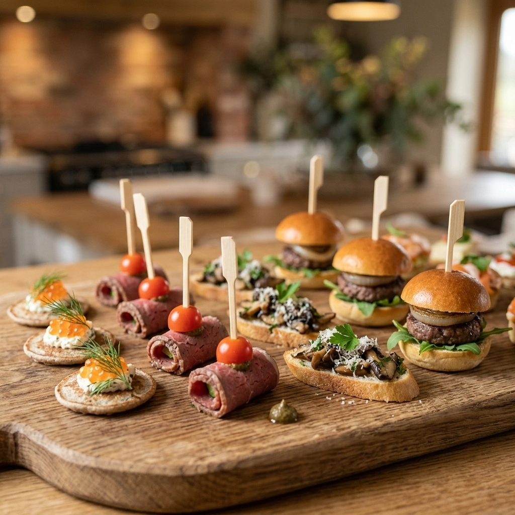 Artisanal canapés on a textured wooden board