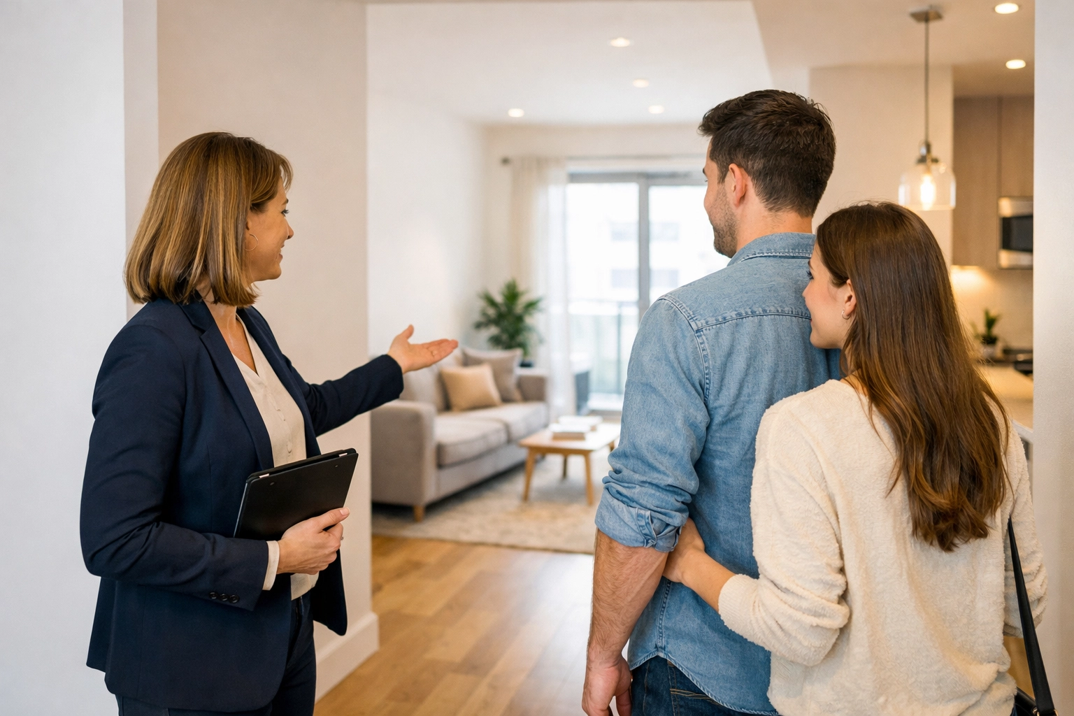 Property manager showing apartment unit to prospective tenants during pre-leasing