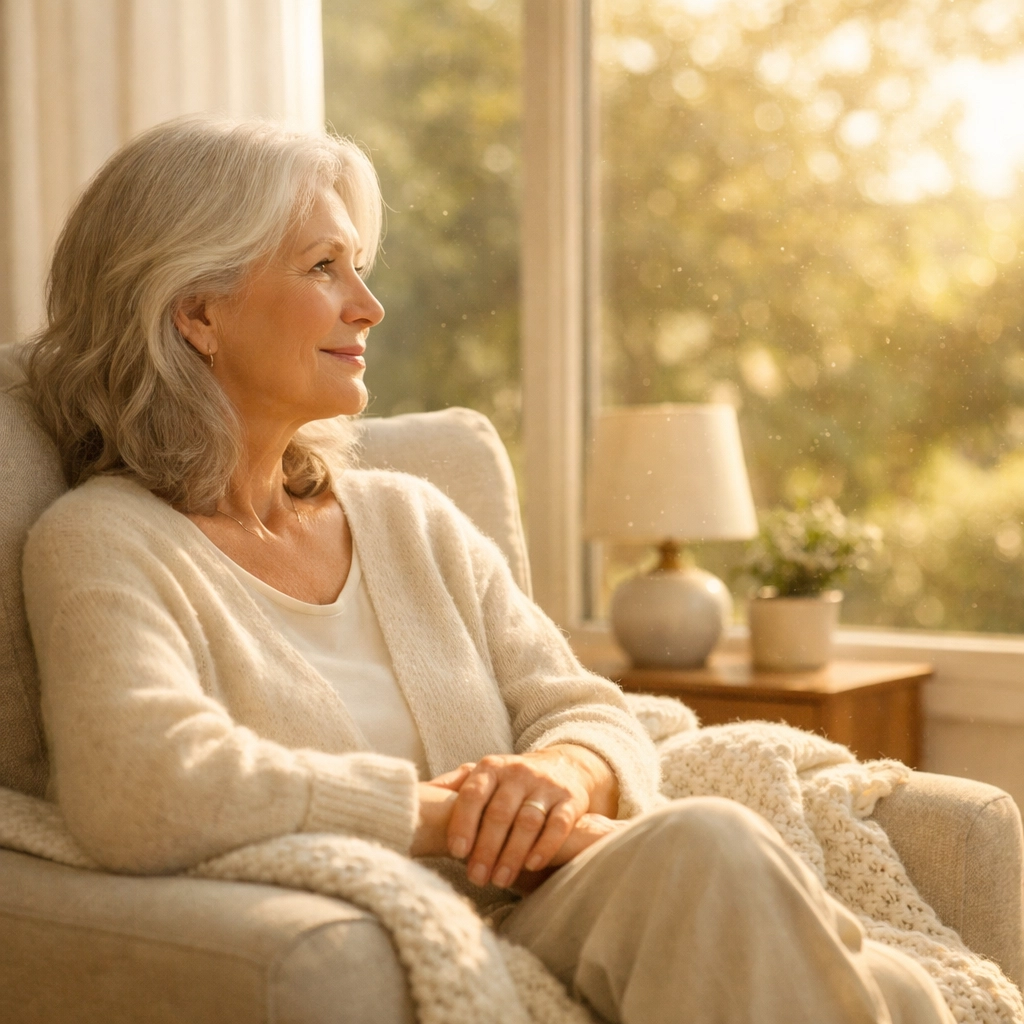 Peaceful senior woman looking out a window, embracing mental wellness in retirement.
