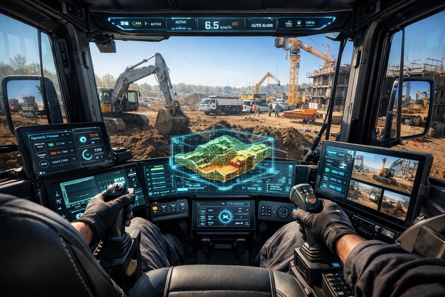Modern construction equipment cockpit featuring advanced digital controls for fleet efficiency and growth.