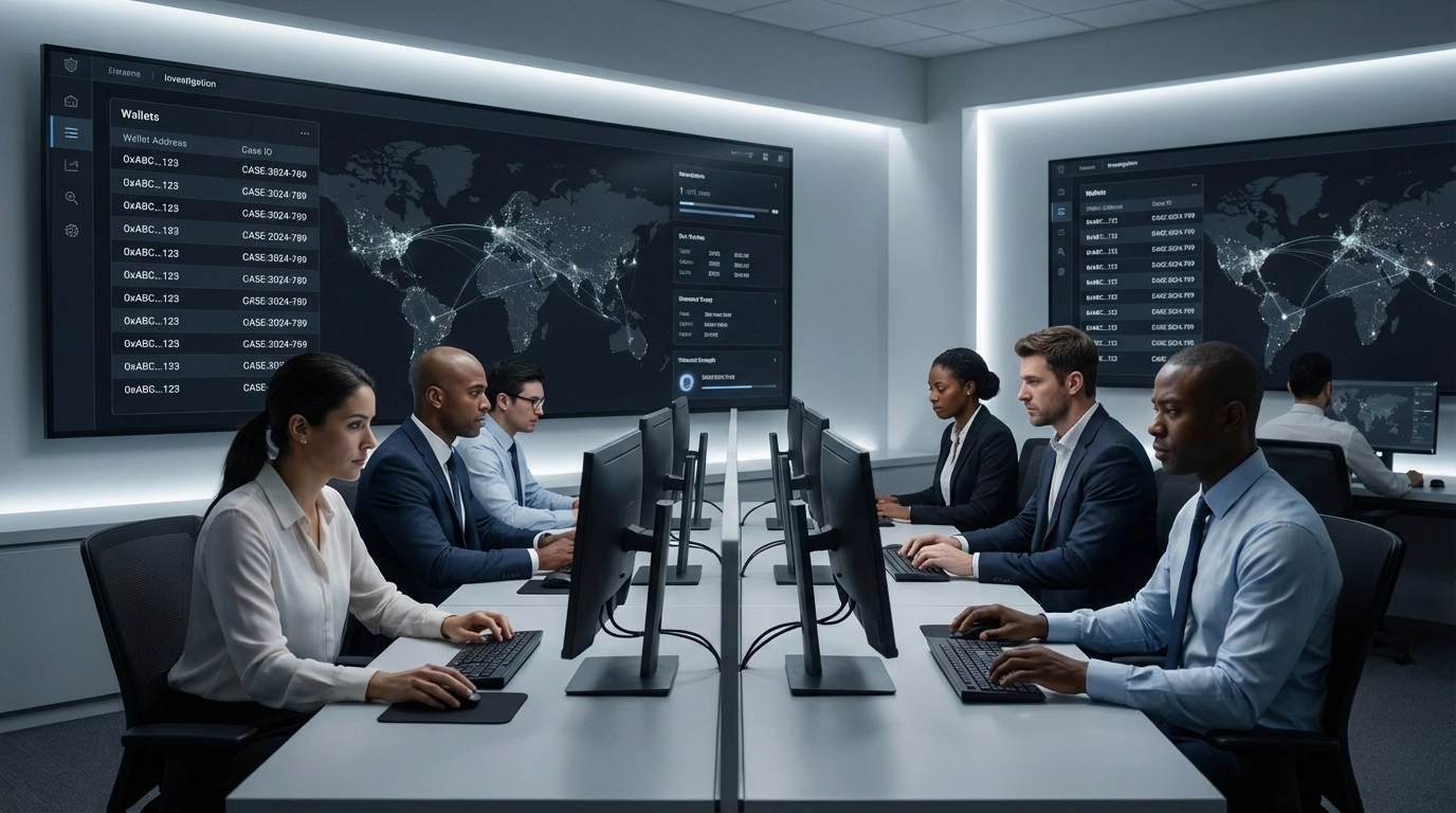 Professional law-enforcement and compliance coordination dashboards with de-identified wallet addresses and case IDs for tokenized asset investigations