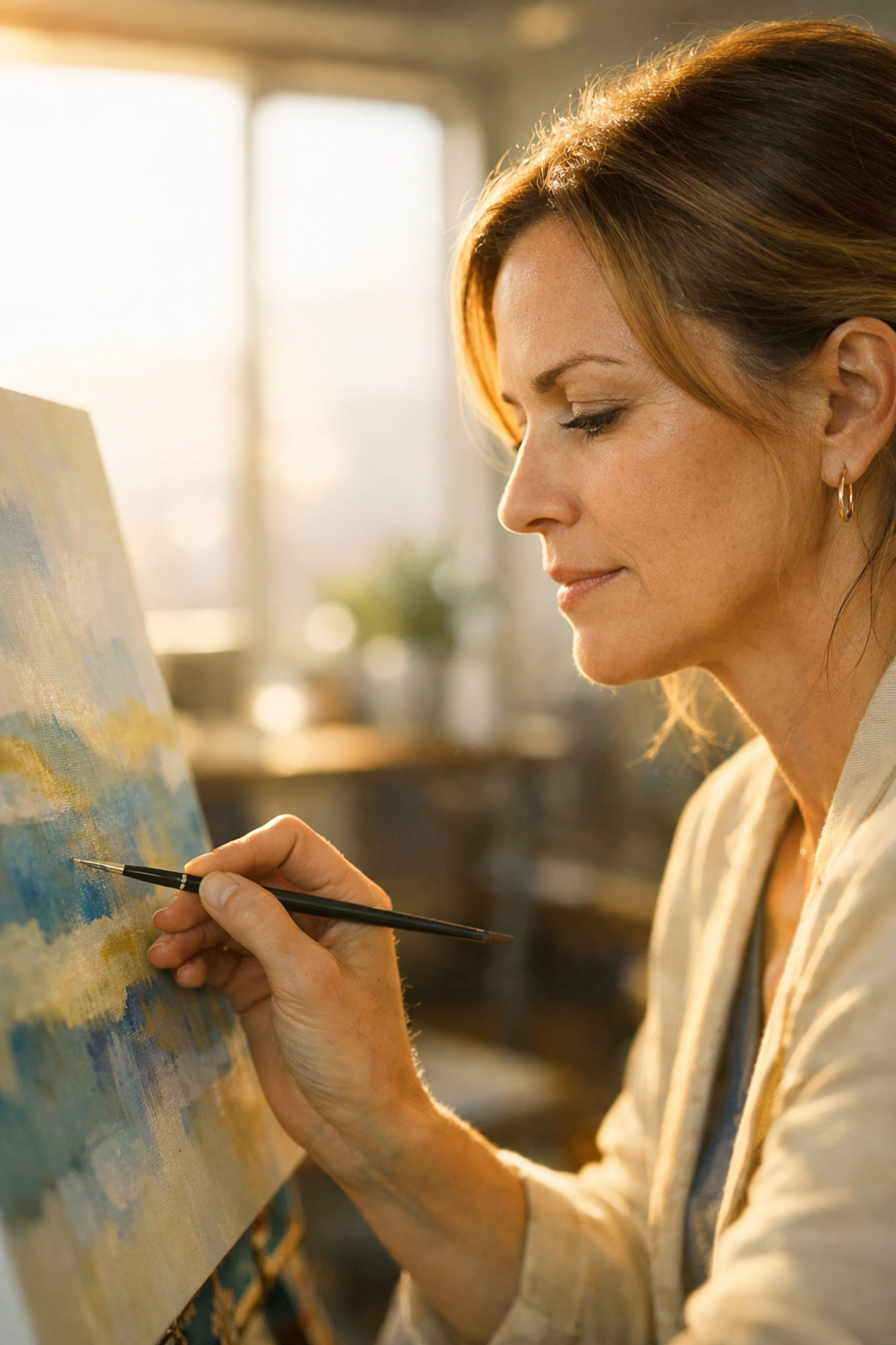 Professional woman practicing individual focus through abstract painting in a modern office reset session.
