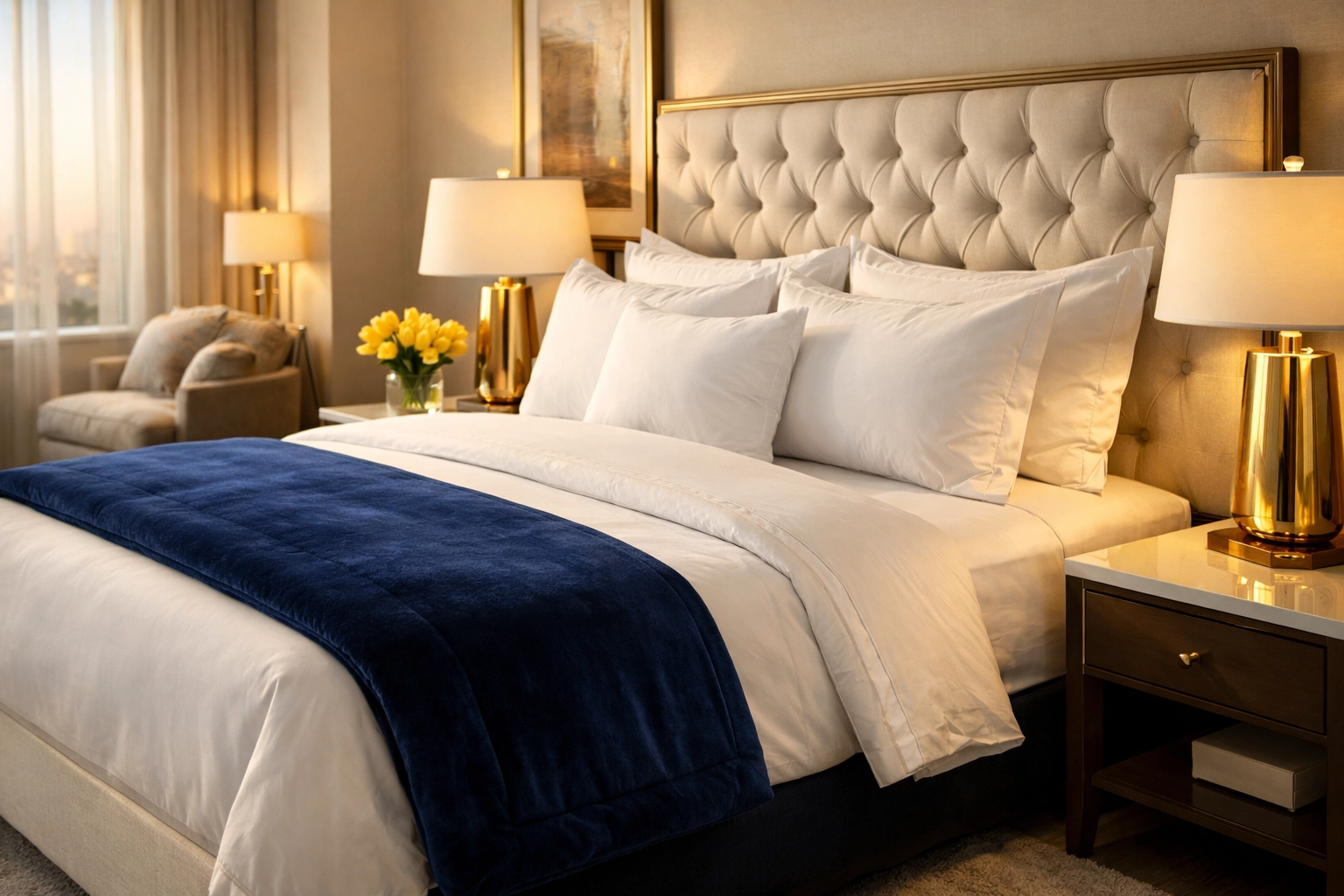 Expert hotel-style bed making in a serene master bedroom after house cleaning service in Wellesley MA.