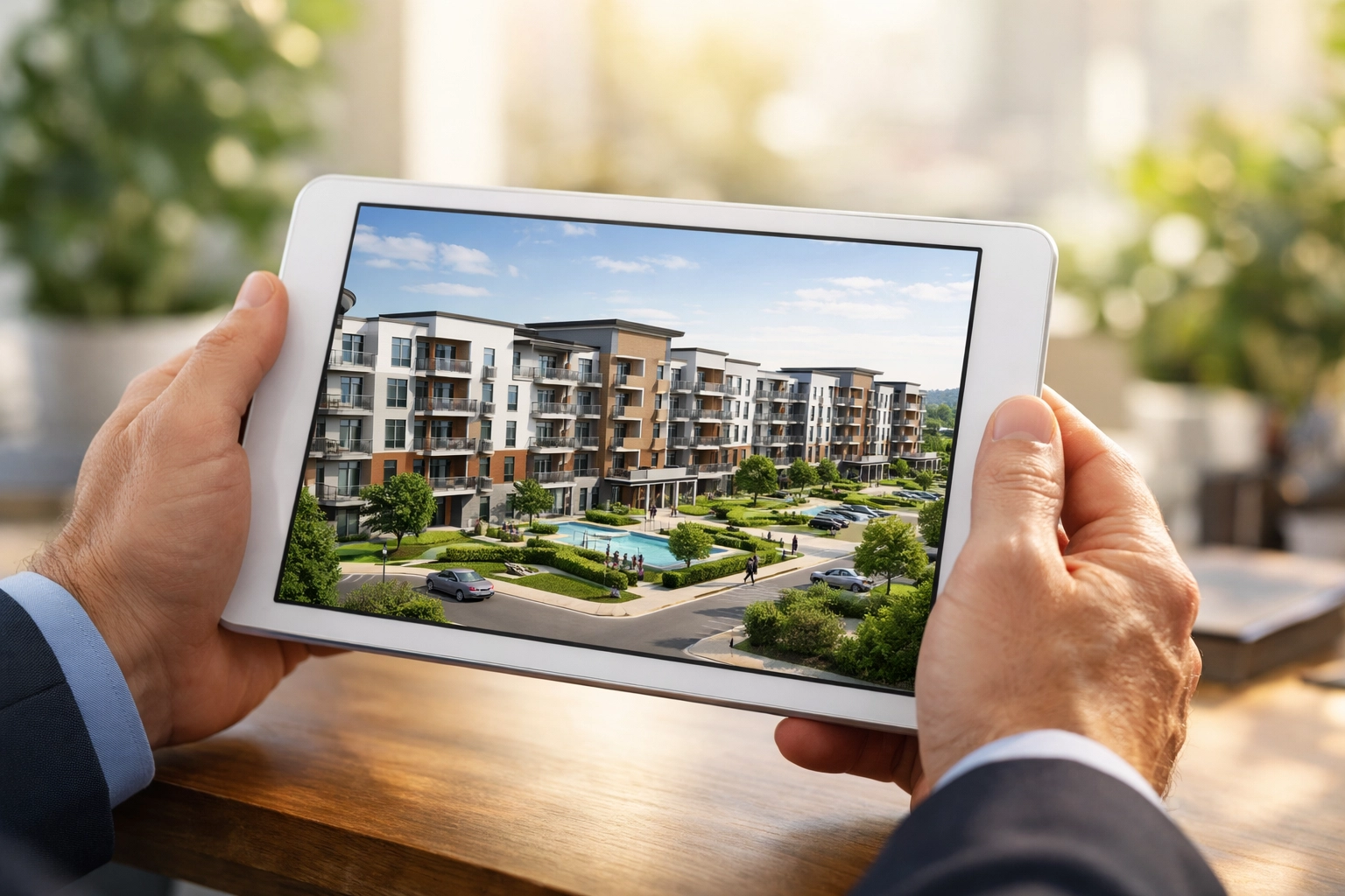 Investor reviewing an apartment complex plan on a tablet to scale a real estate investment portfolio.