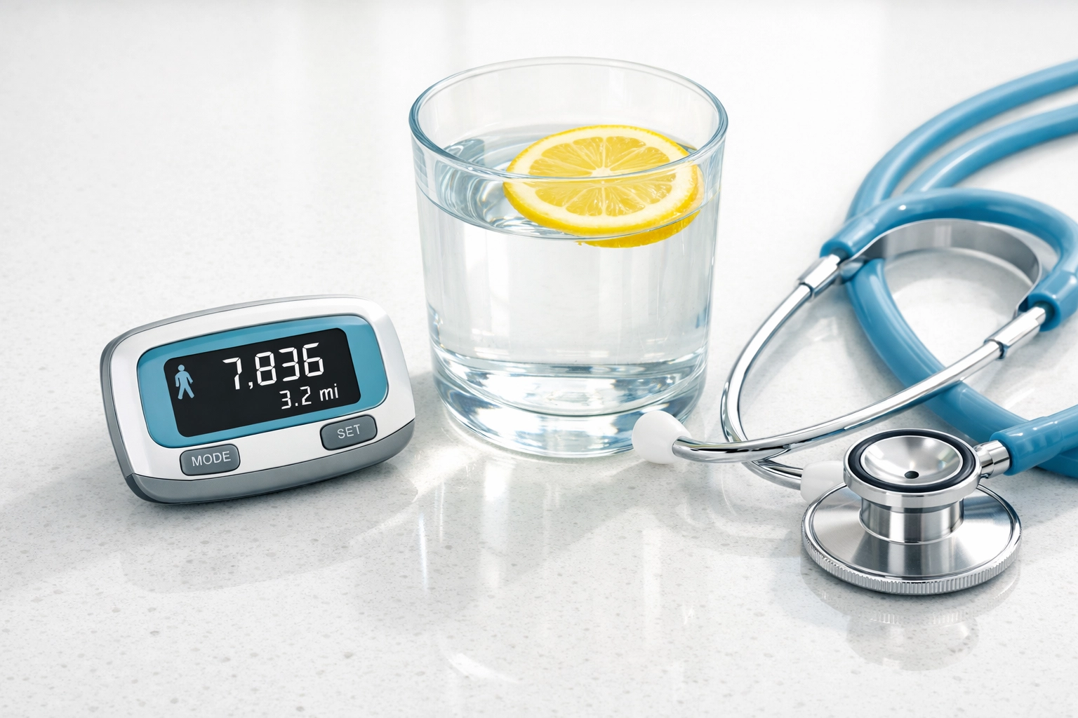 Medical weight loss wellness kit including a stethoscope and pedometer for tracking semaglutide progress.