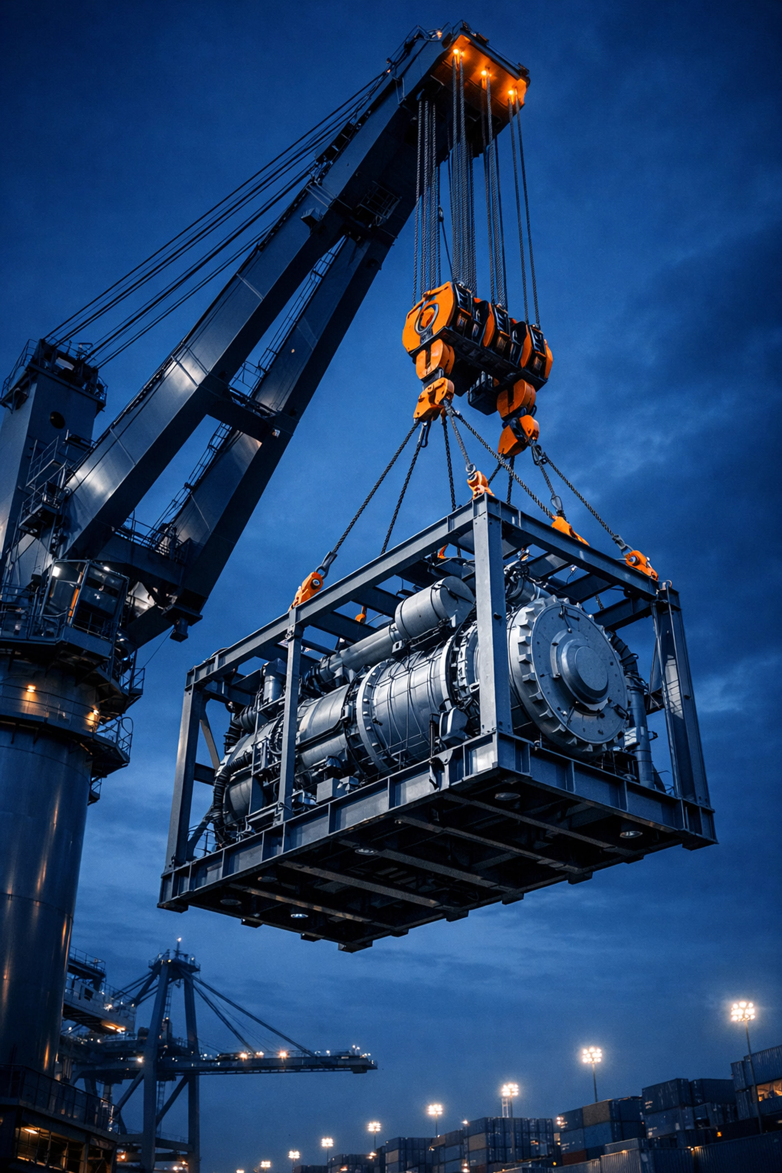 Heavy-lift crane hoisting an industrial generator at a port terminal for project cargo shipping.
