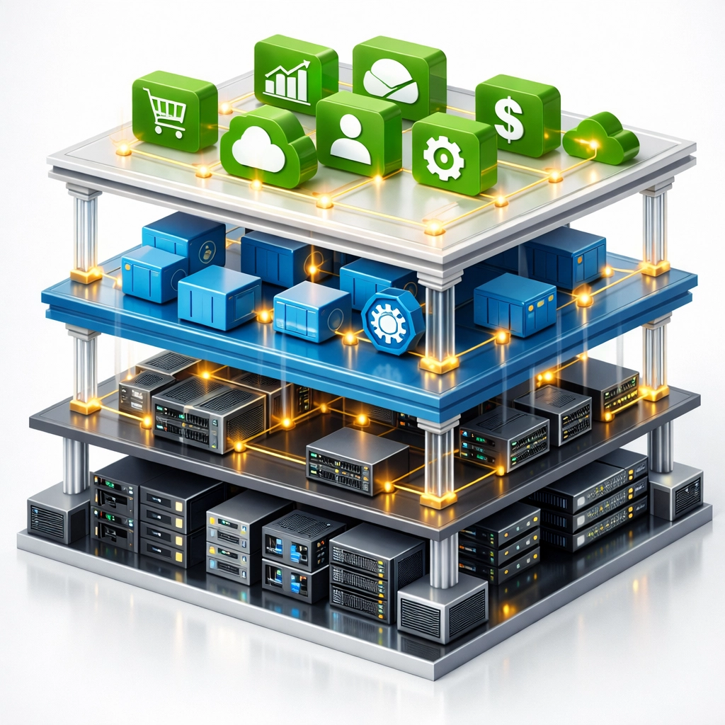 ServiceNow Service Mapping visualization displaying multi-layer business service dependencies and application infrastructure