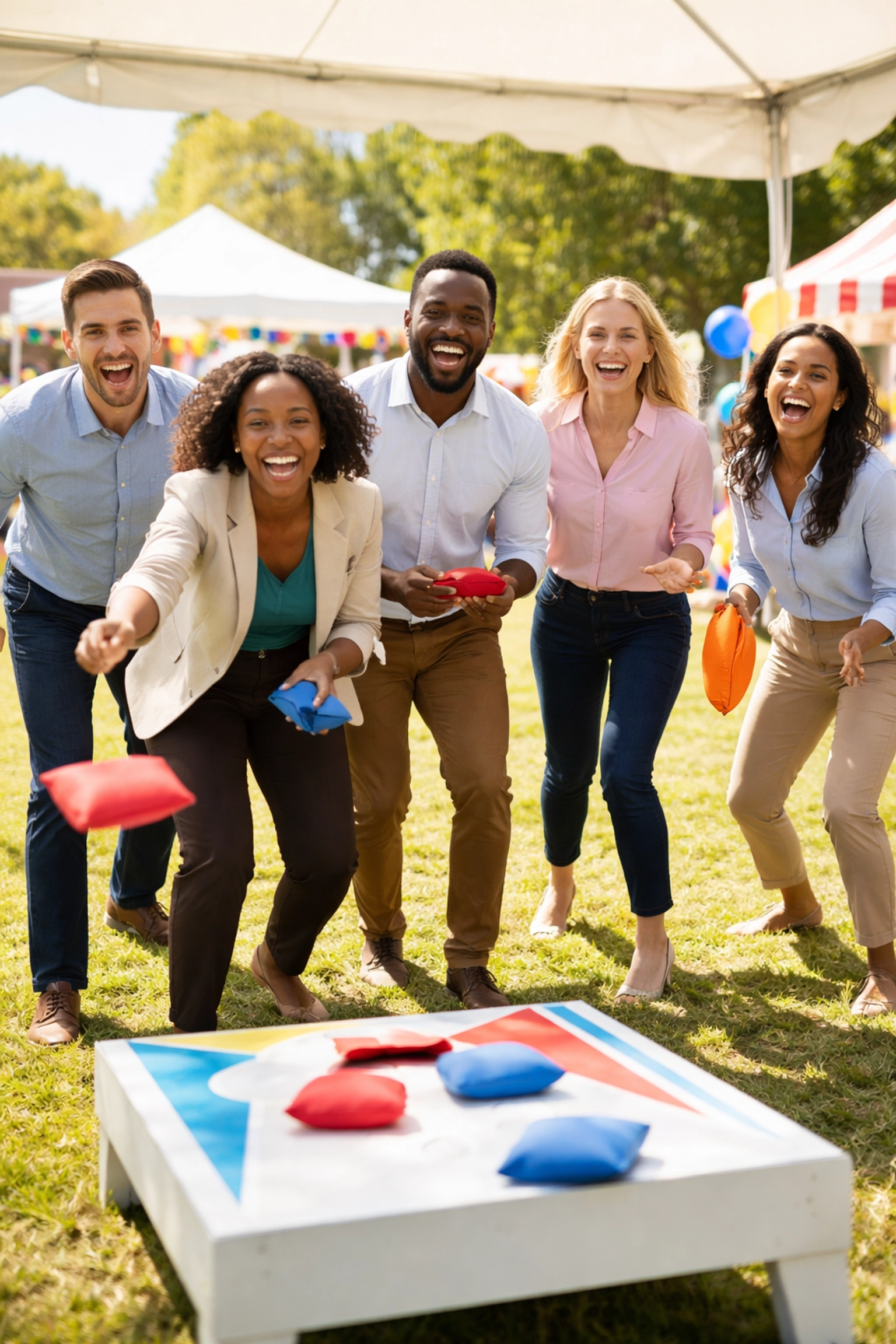 Corporate employees playing bean bag toss at an outdoor carnival-themed team-building event