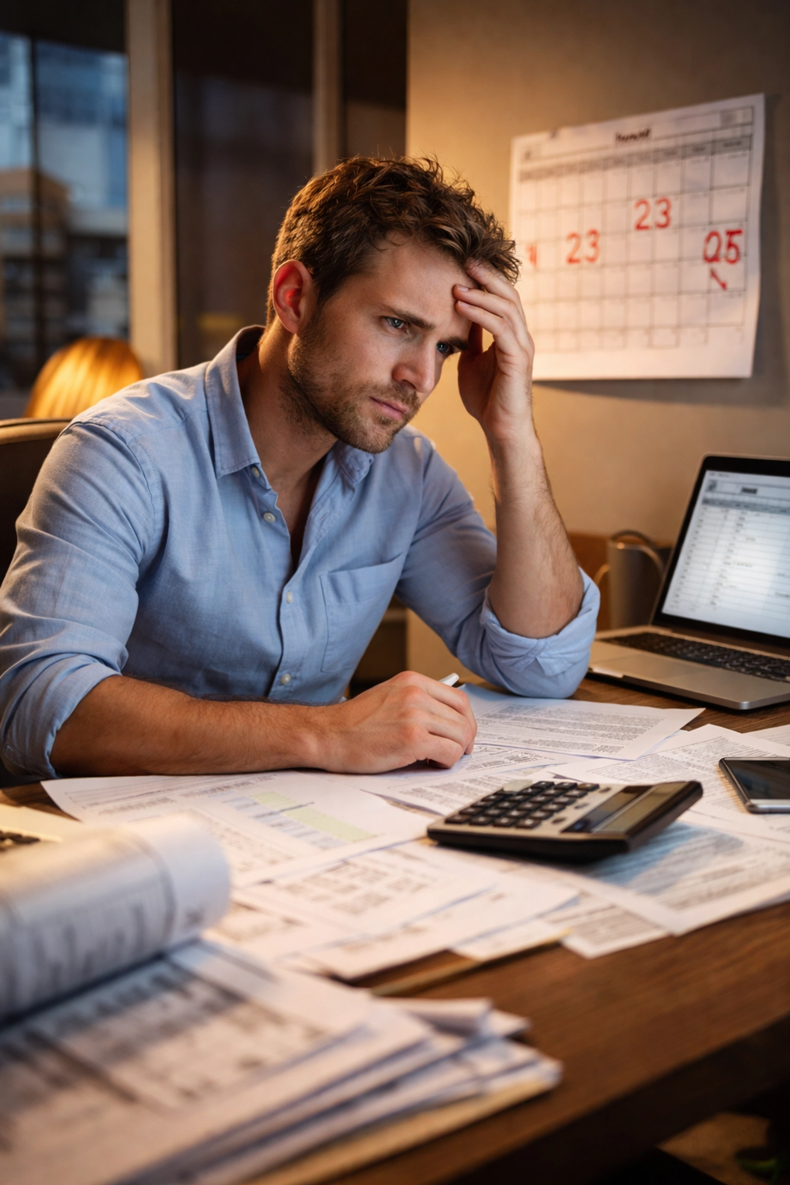 Stressed real estate investor calculating property holding costs and interest rates