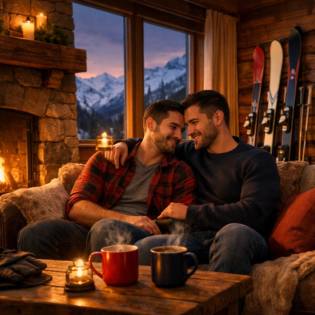 Two men relaxing by fireplace in cozy gay-friendly ski lodge after day on slopes