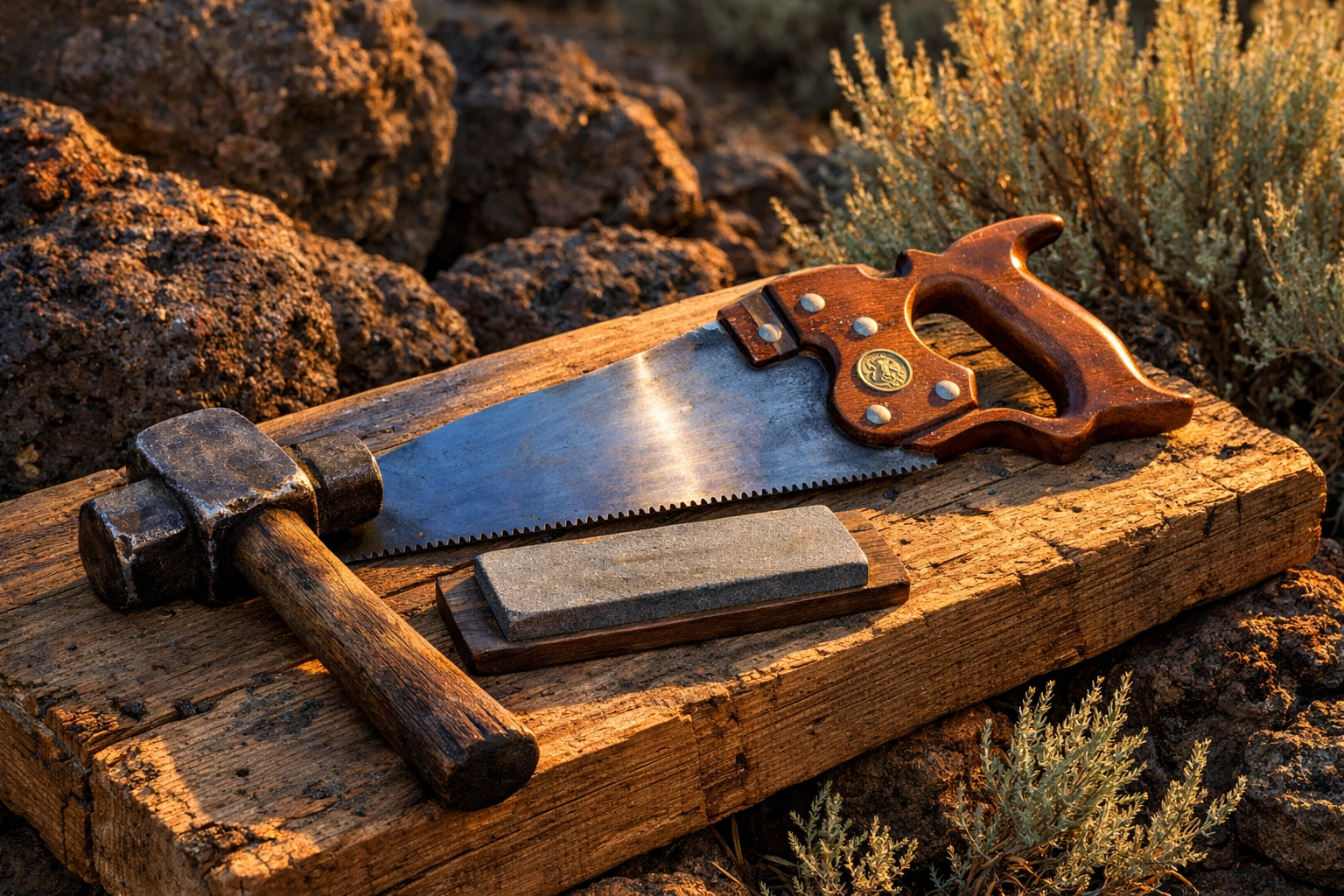 Antique hand tools on weathered wood, highlighting essential skills for how to live off grid with no money.