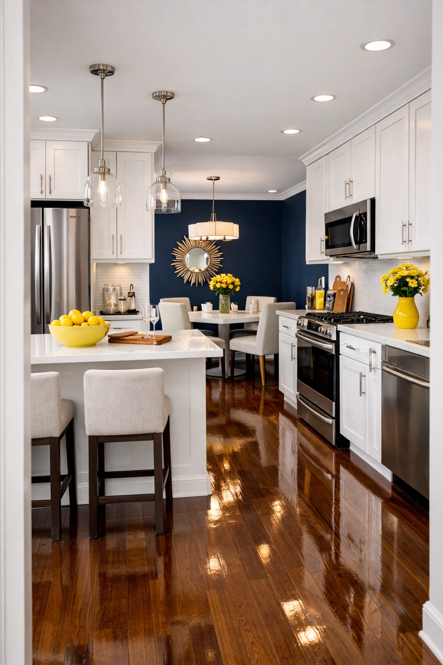 Spotless luxury kitchen with shiny floors after a complete Boston apartment turnover cleaning.