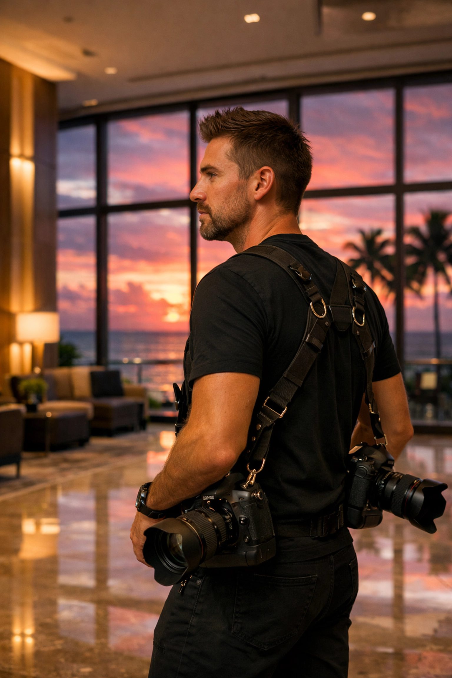 Professional Miami event photographer with high-end cameras in a luxury hotel lobby at sunset.