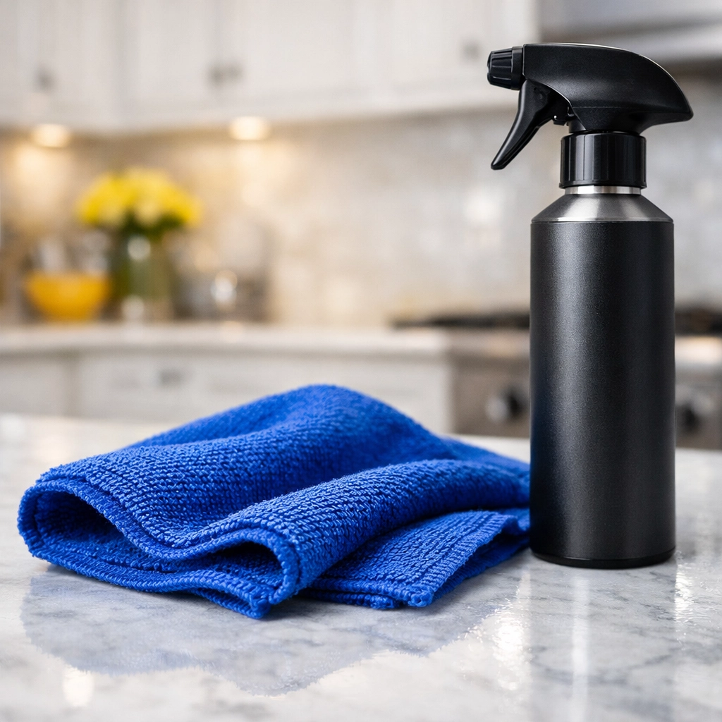 Professional house cleaning Ayer MA tools including a blue microfiber cloth on a marble countertop.