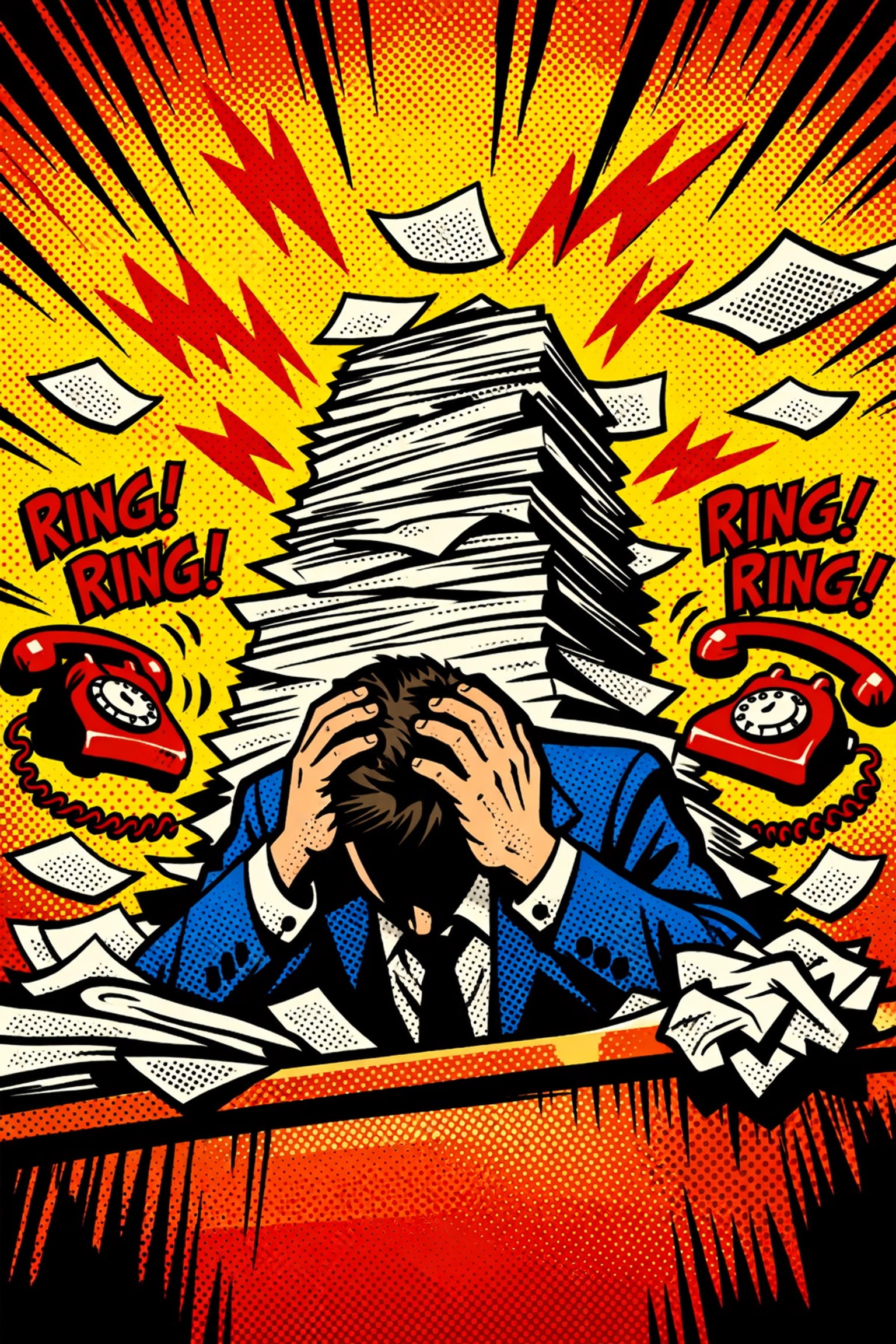 A stressed small business owner overwhelmed by manual administrative tasks and paperwork.