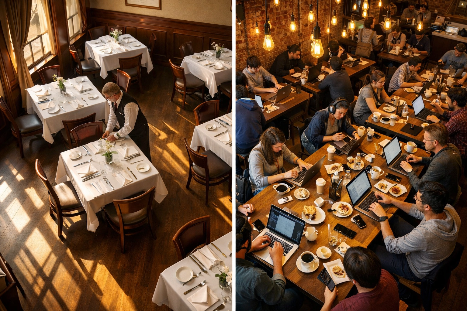 Traditional SF restaurant dining room vs modern Bay Area cafe with remote workers