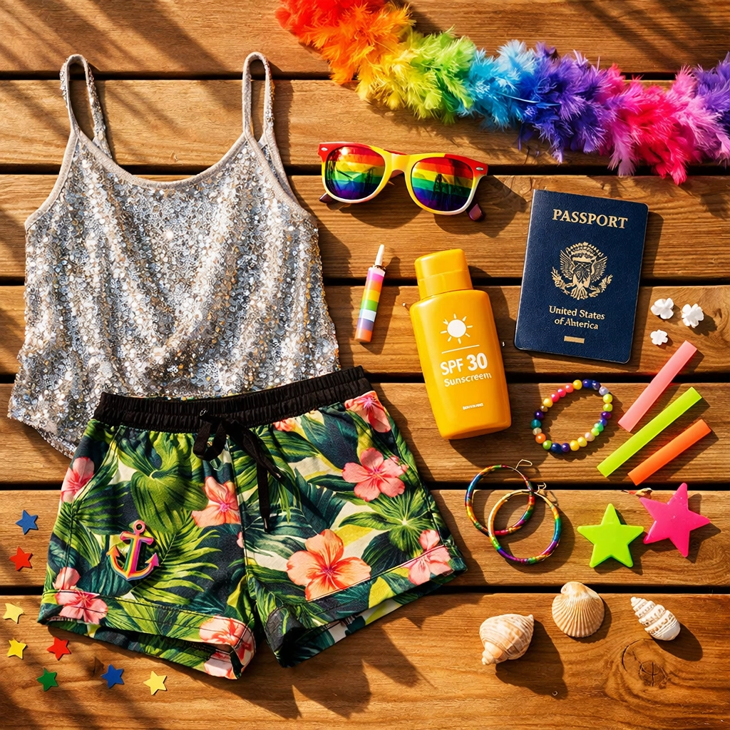 Gay cruise packing essentials including themed party outfits and vacation accessories