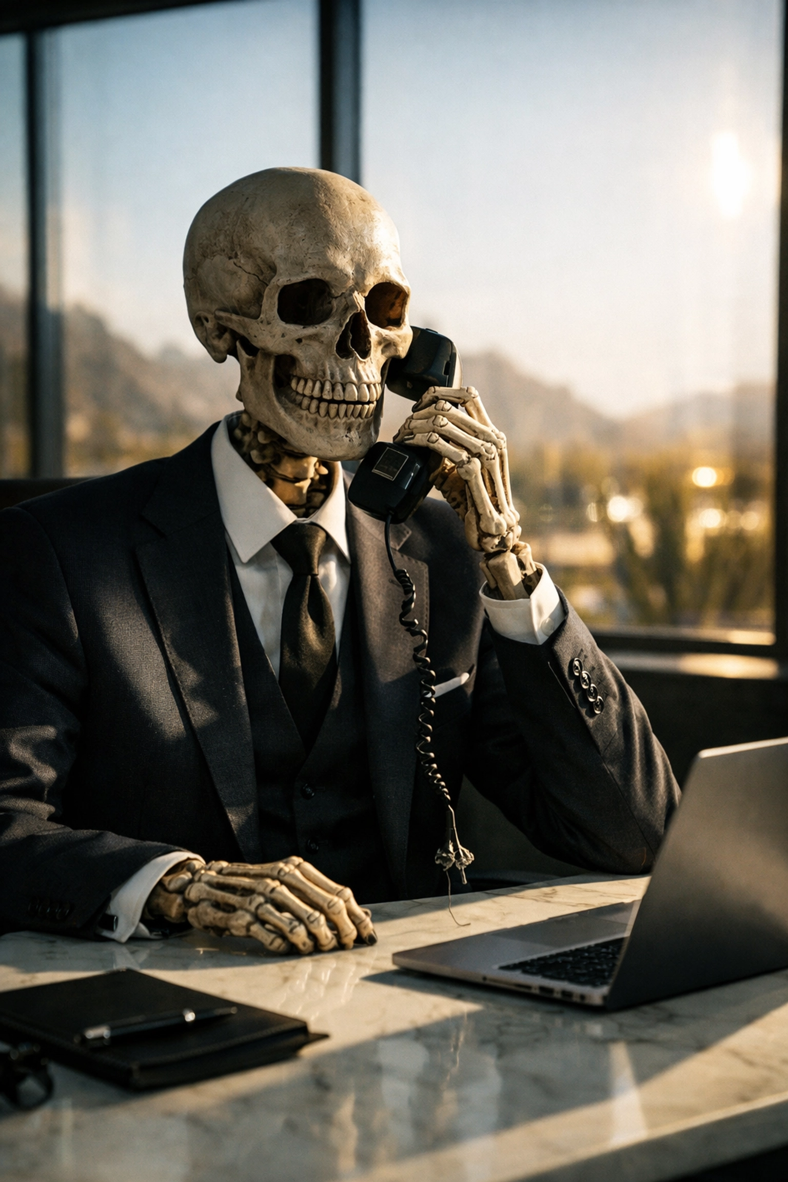 A skeleton in a suit at a desk with a disconnected phone, showing Scottsdale Living's poor response time.