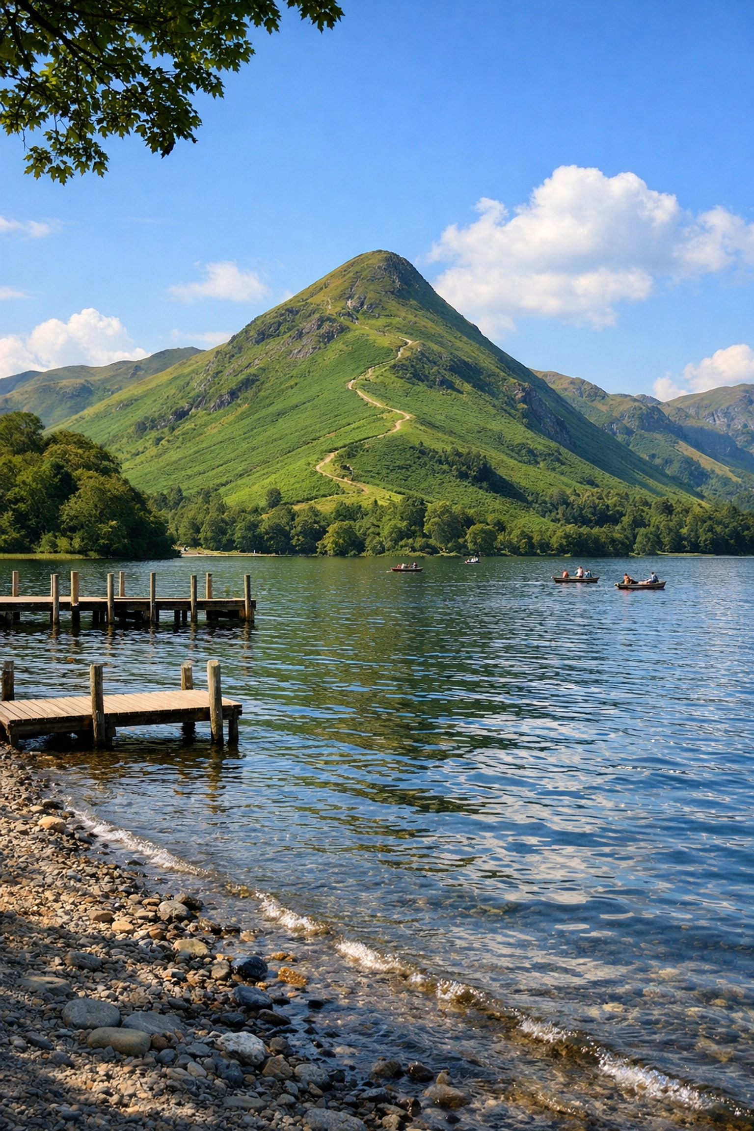 The iconic pyramidal shape of Catbells fell rising above the calm waters of Derwentwater on a sunny afternoon.