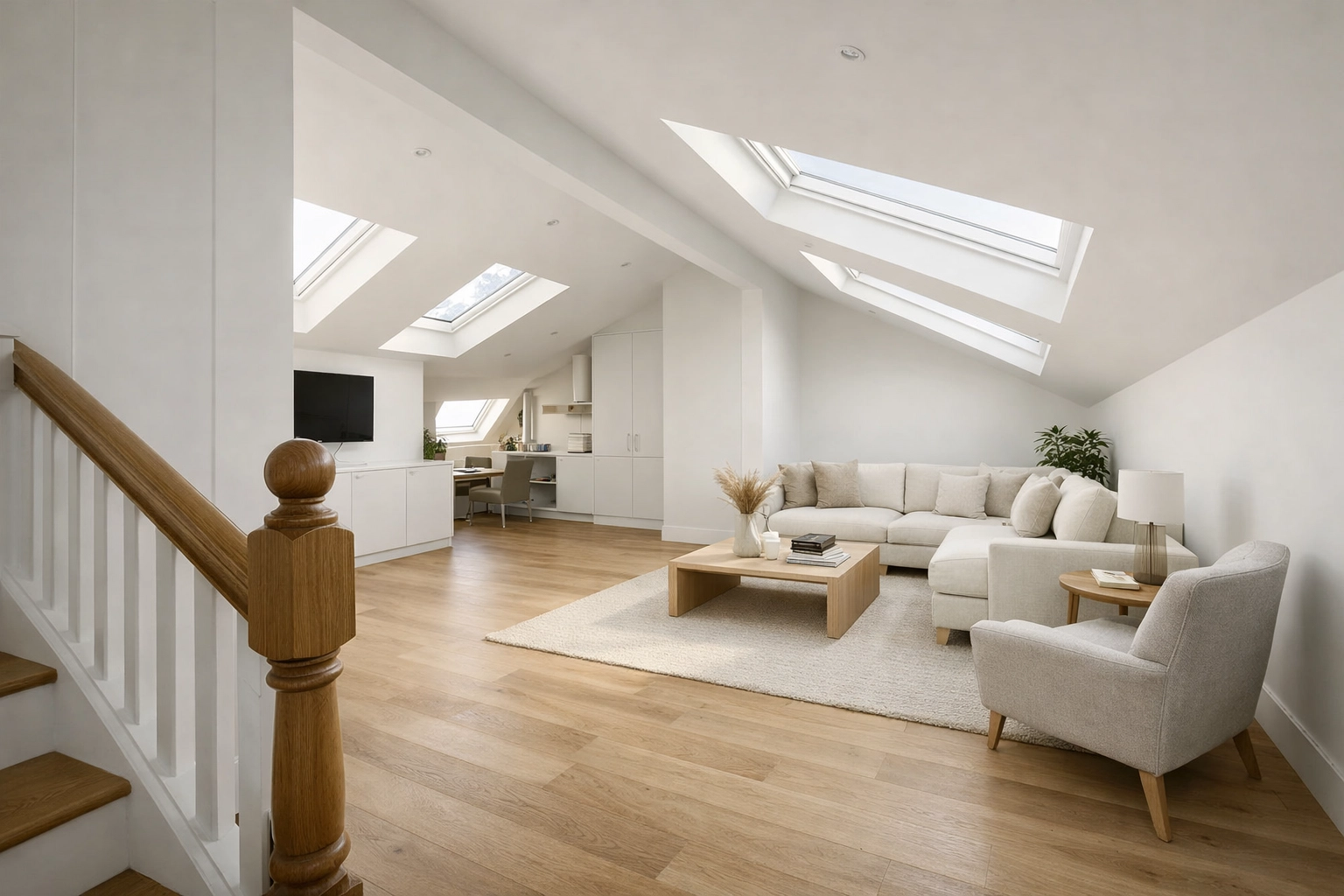 Modern London loft conversion interior with large roof lights and high-end minimalist finishes.