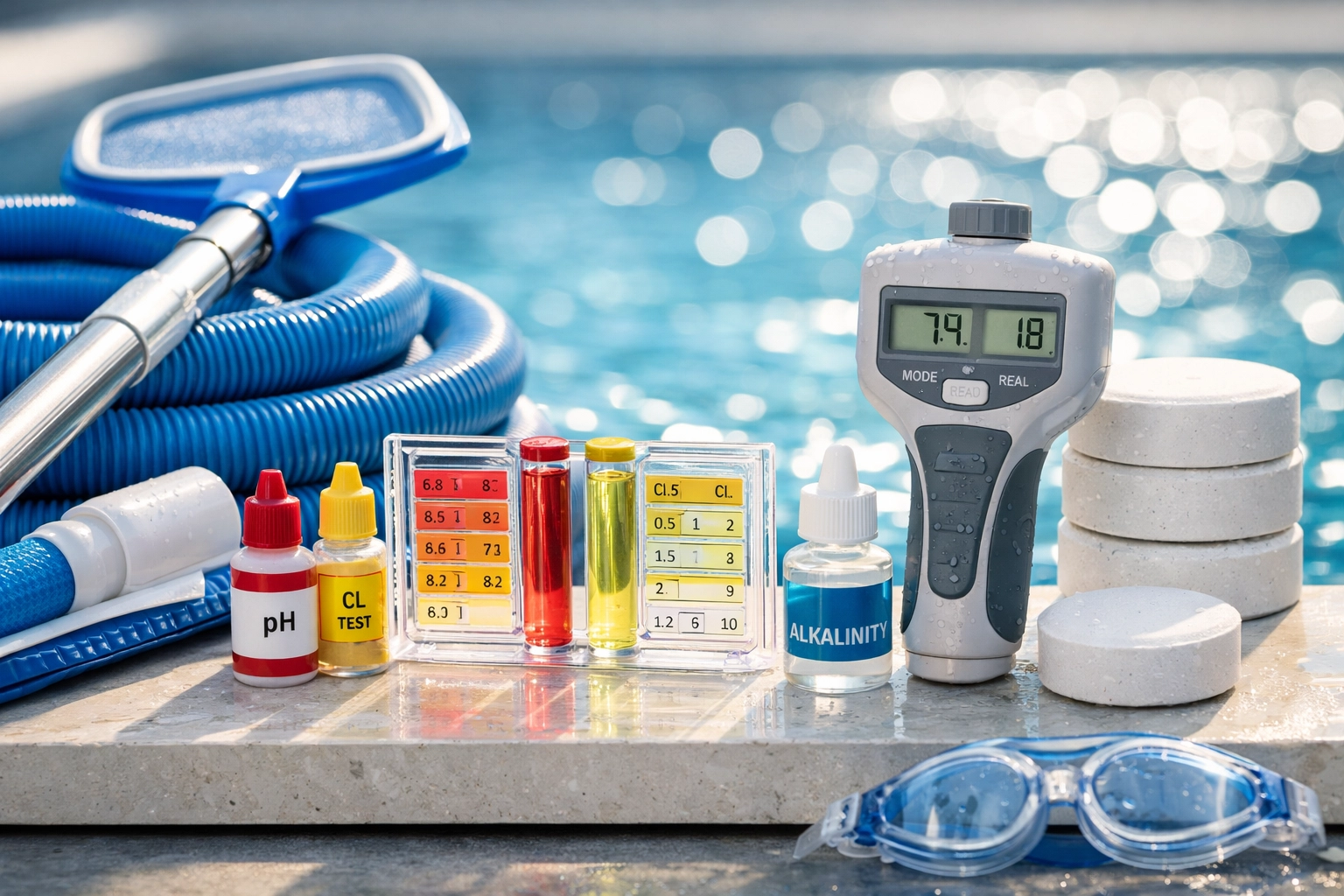 Close-up of professional pool maintenance and testing equipment for a high-value pool route business.