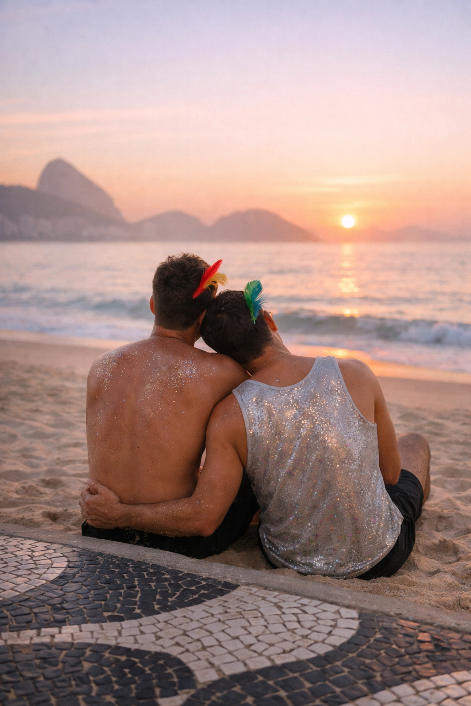 Two men sharing intimate moment on Copacabana Beach after Rio Carnival celebration