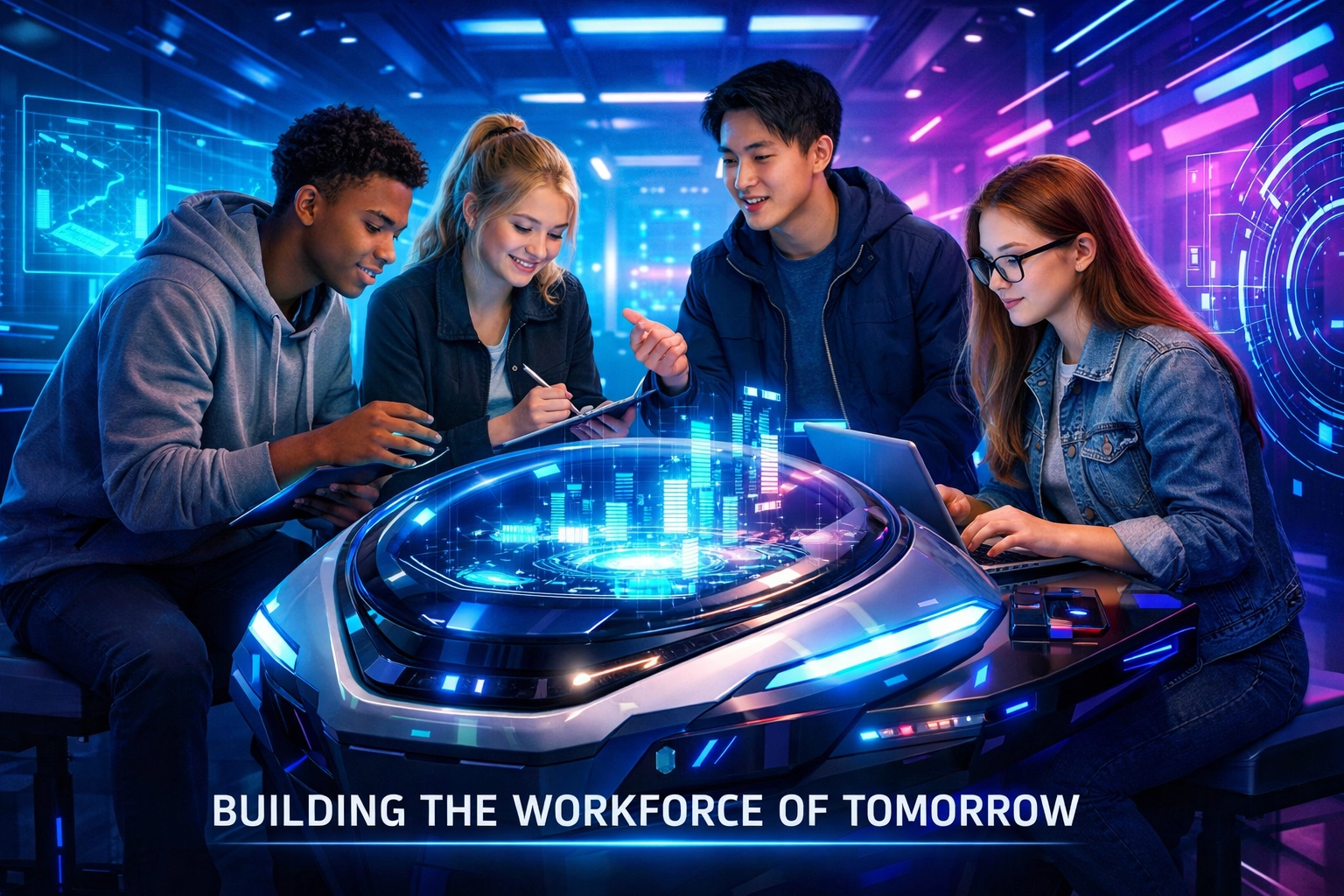 High school students training in an EsportsPod simulation pod for career and workforce development.