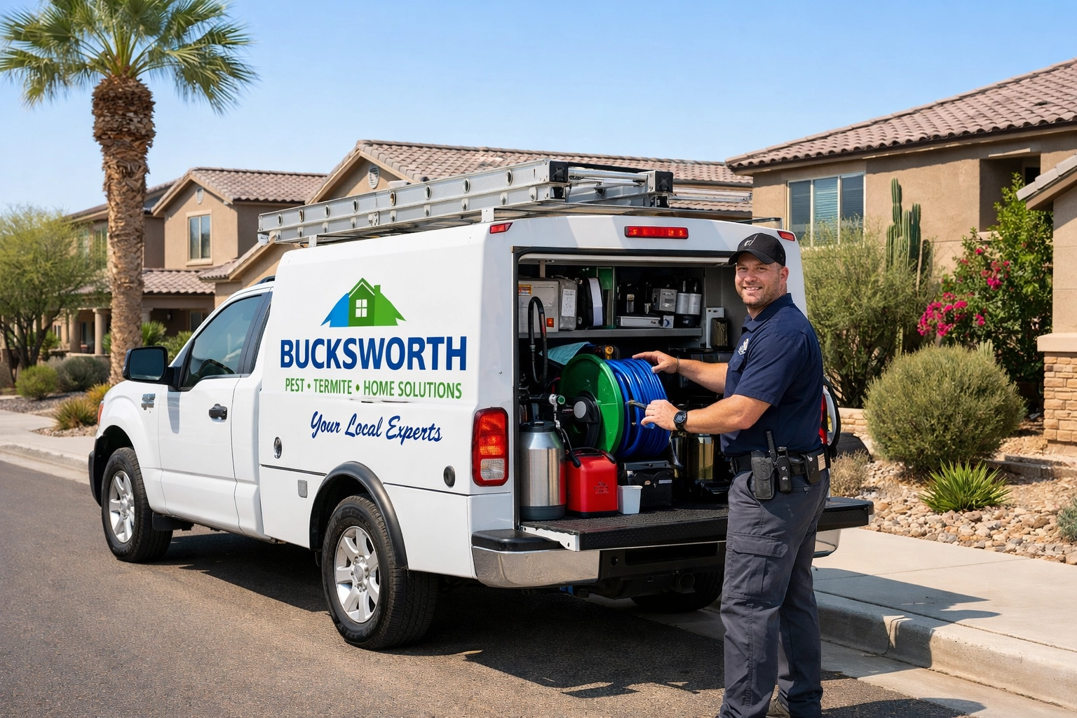 Bucksworth Home Services truck parked at a residential home in Maricopa, AZ 85138.