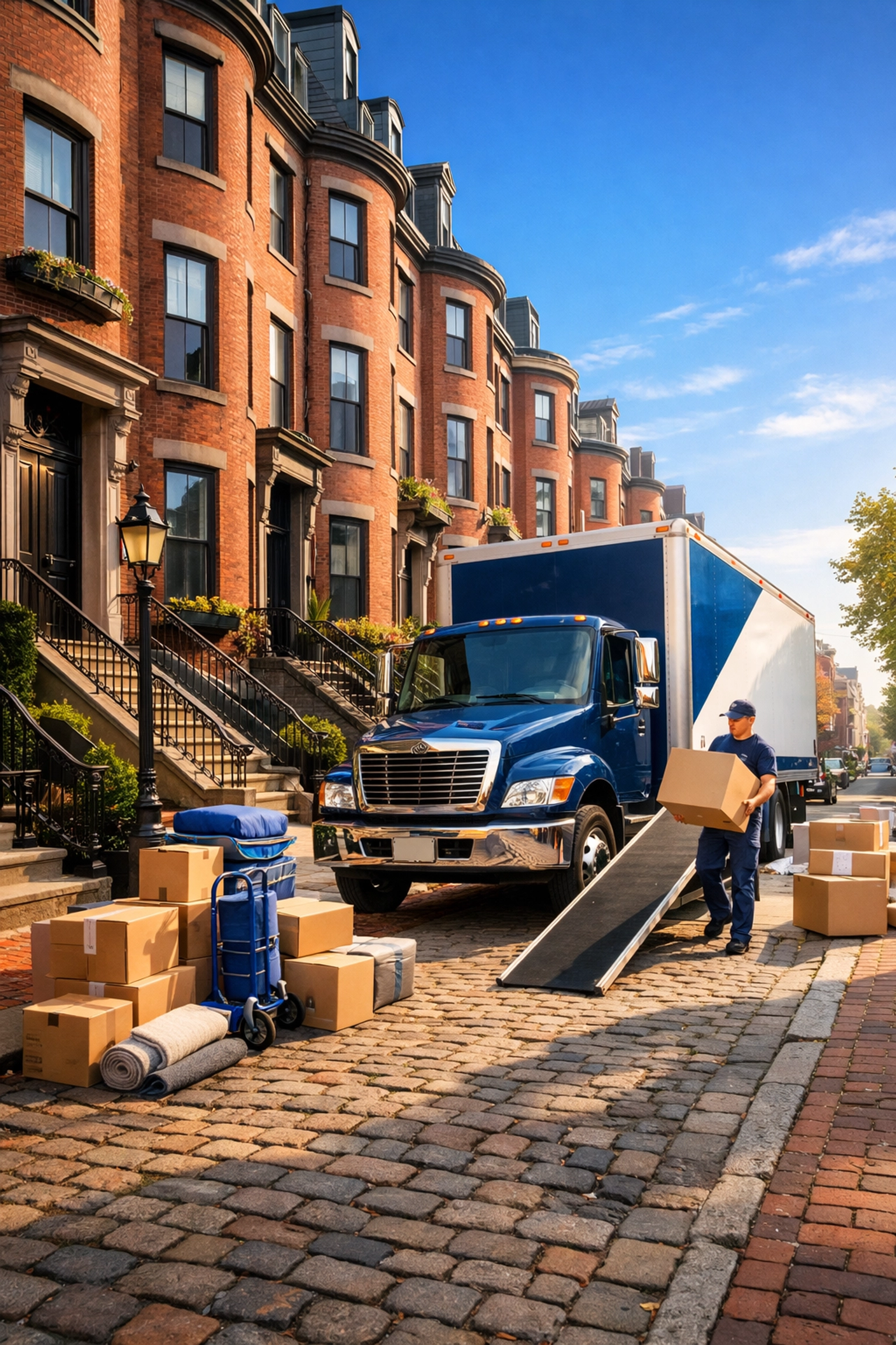 Moving truck parked on a historic Back Bay street for a smooth Boston apartment turnover transition.