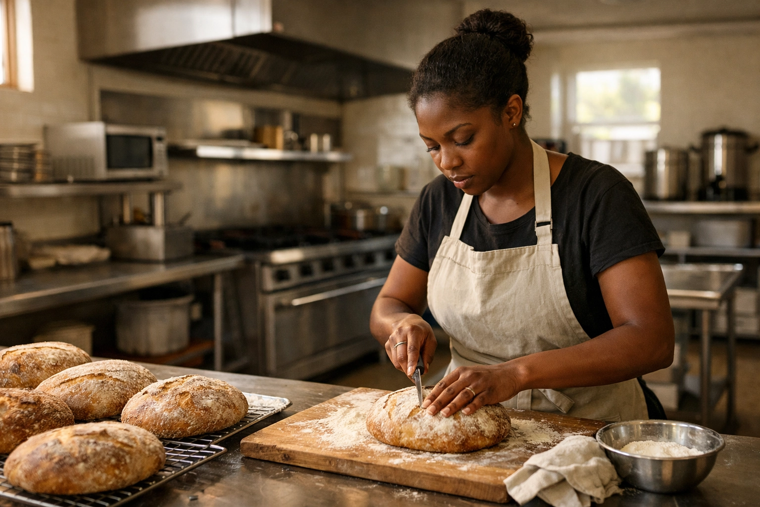 Black entrepreneur using a church commercial kitchen as a business incubator for local outreach.