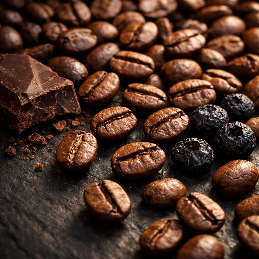 Freshly roasted single-origin specialty coffee beans with chocolate and blueberry flavor notes.