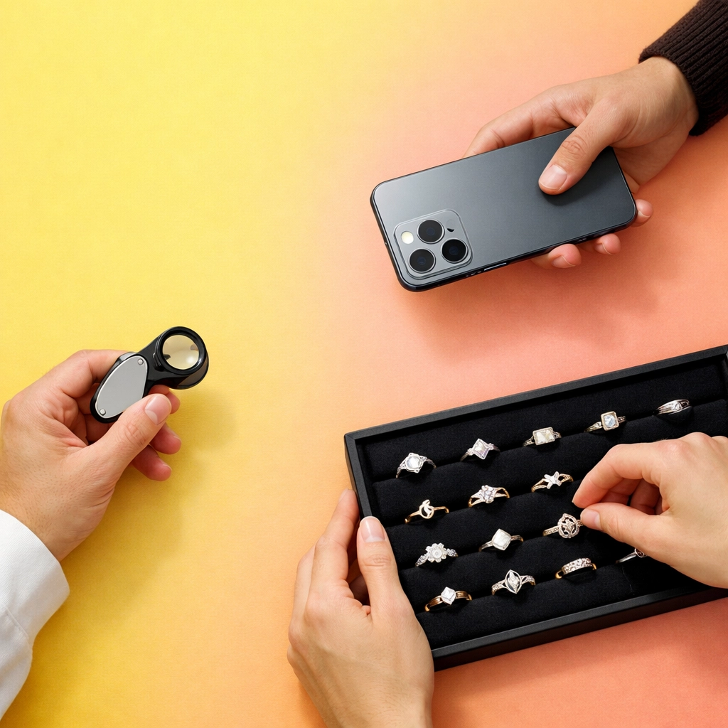 Jewelers and collectors examining fine rings, representing our auction community.