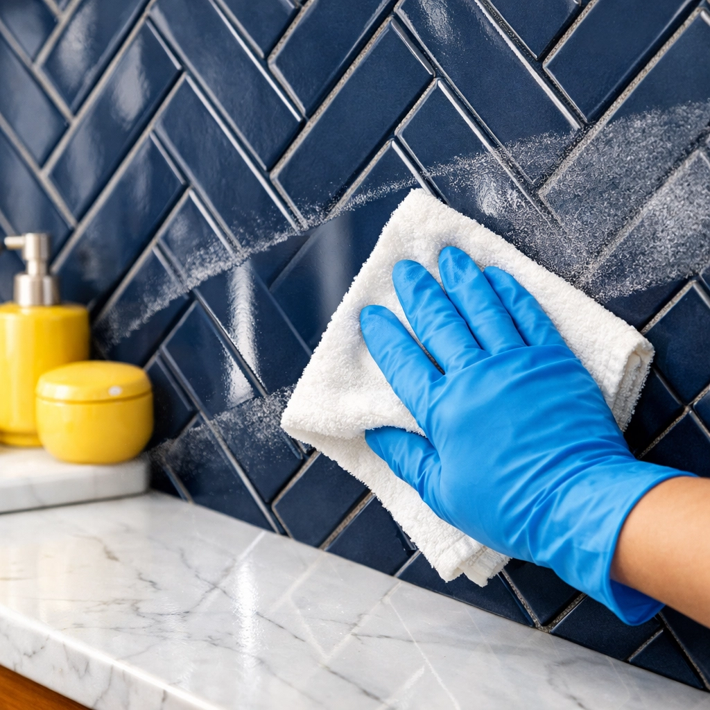 Wiping grout residue from a navy blue herringbone kitchen backsplash using a microfiber cloth.