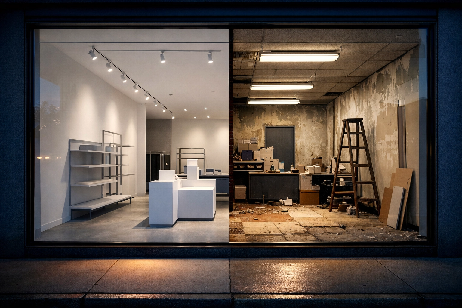 Retail store showing side-by-side comparison of renovated modern space versus outdated interior