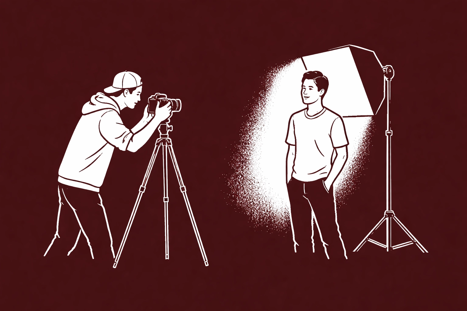 Minimal sketch illustration of two creators collaborating in a professional studio, adjusting camera equipment under soft lighting.