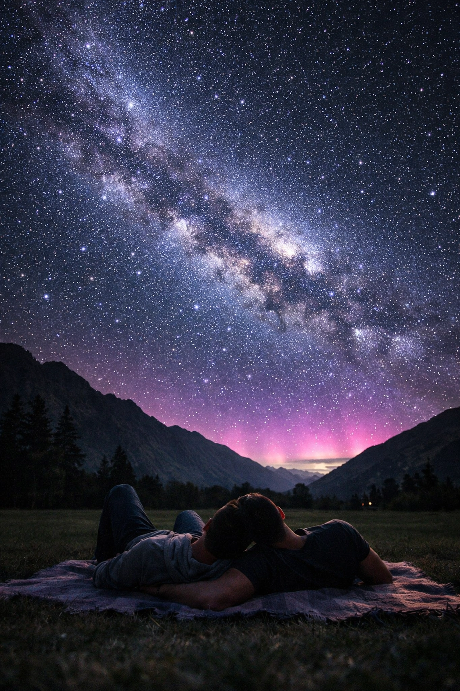 Two men stargazing under Milky Way in Queenstown Gardens during romantic gay honeymoon