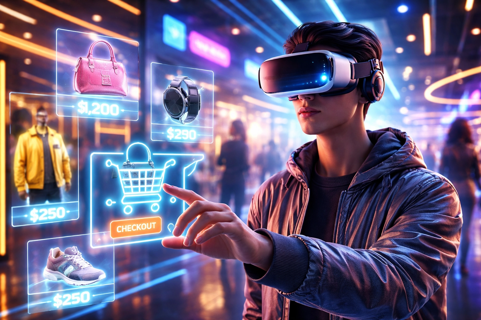 Person shopping with VR headset in a digital mall, highlighting metaverse shopping and seamless crypto payments