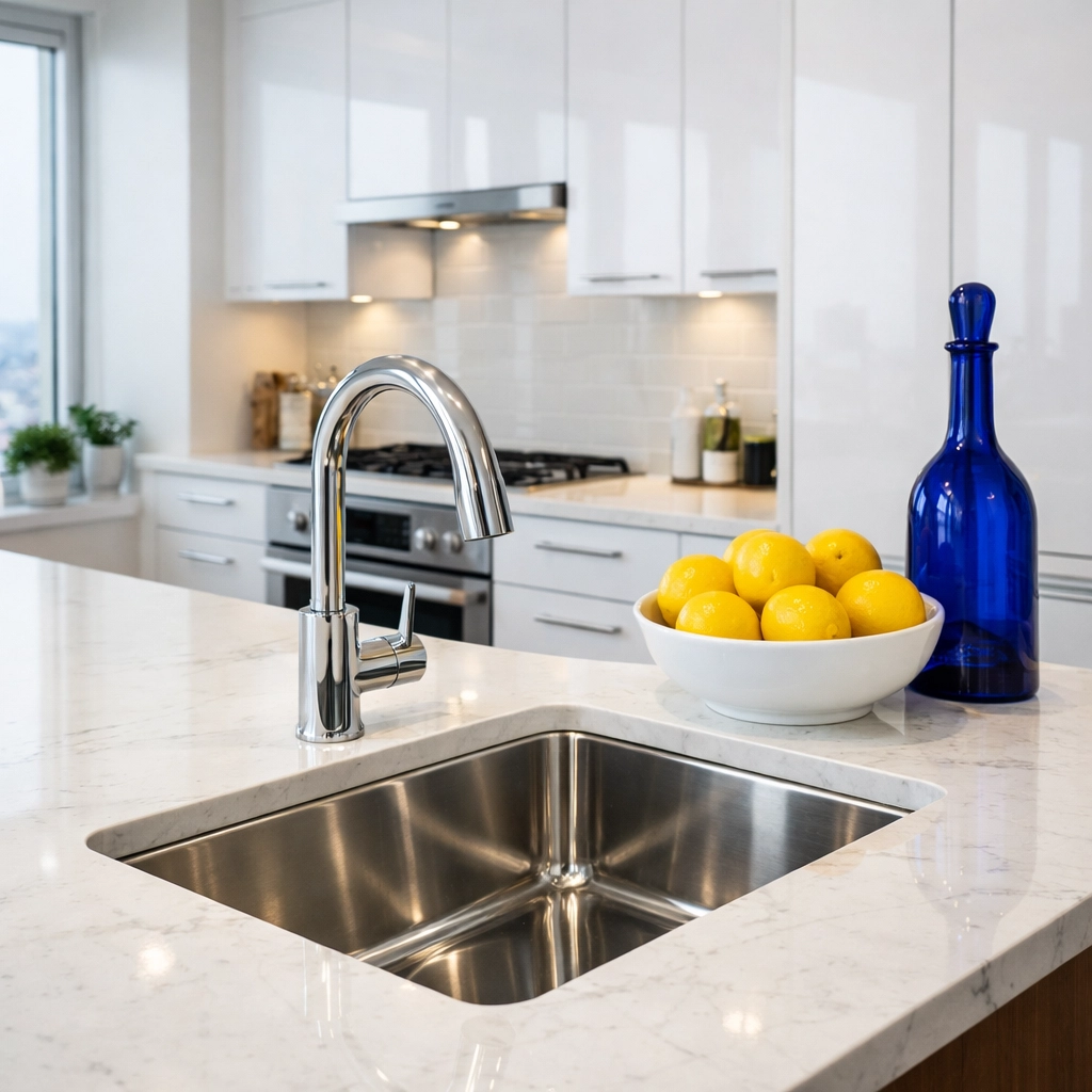 Professional apartment cleaners in Boston ensure a sparkling kitchen sink and clean marble countertops in a modern home.